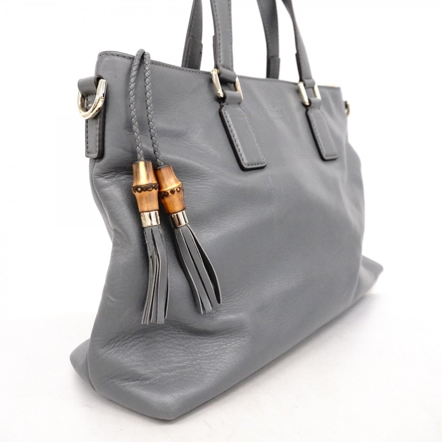 Gucci Bamboo Tote Bag Leather Gray Champagne Women's P1094004