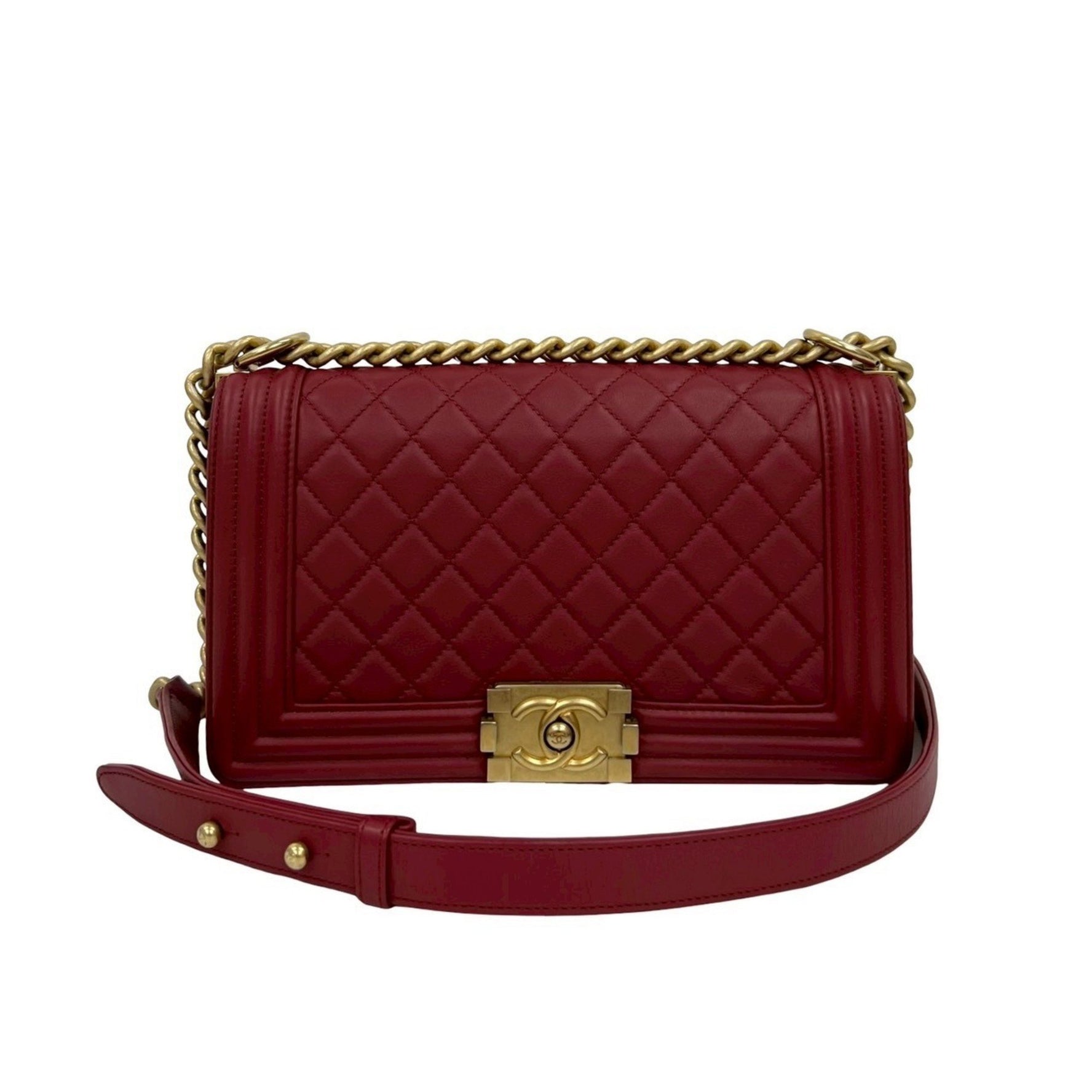CHANEL Boy Lambskin Coco Mark Chain Shoulder Bag in Red, No. 26