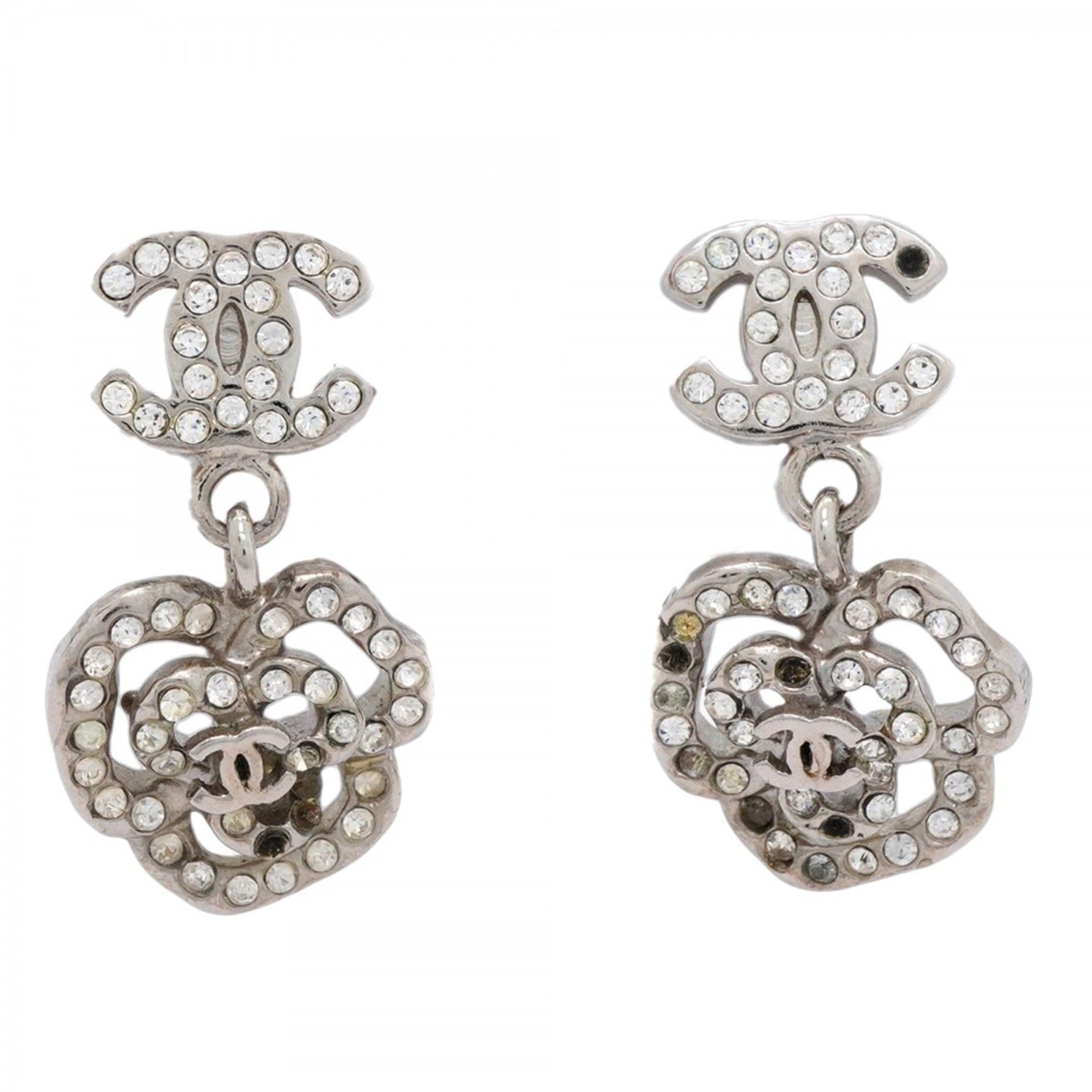 Chanel Coco Mark Camellia Metal Rhinestone Silver Earrings for Women