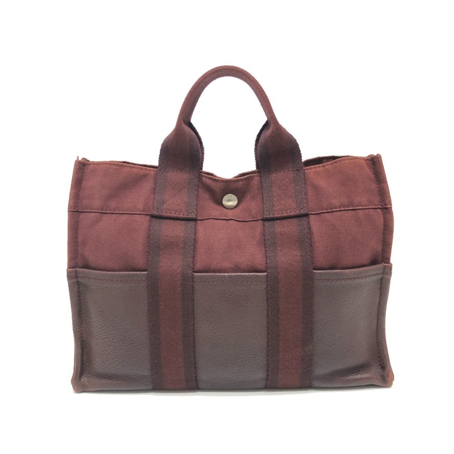 HERMES Half Leather Fool To PM Tote Bag Handbag Canvas Wine Red