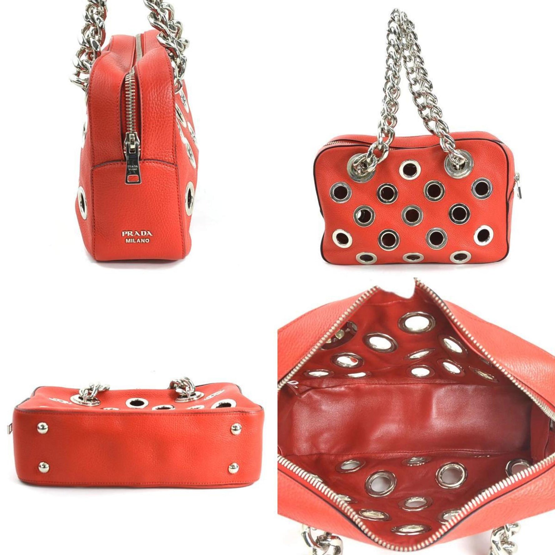 PRADA handbag leather metal red silver women's e59731a