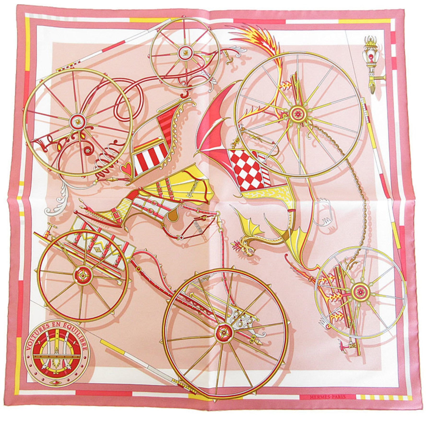 Hermes Scarf/Muffler Petit Carre VOITURES EN EQUILIBRE Silk Pink Multicolor