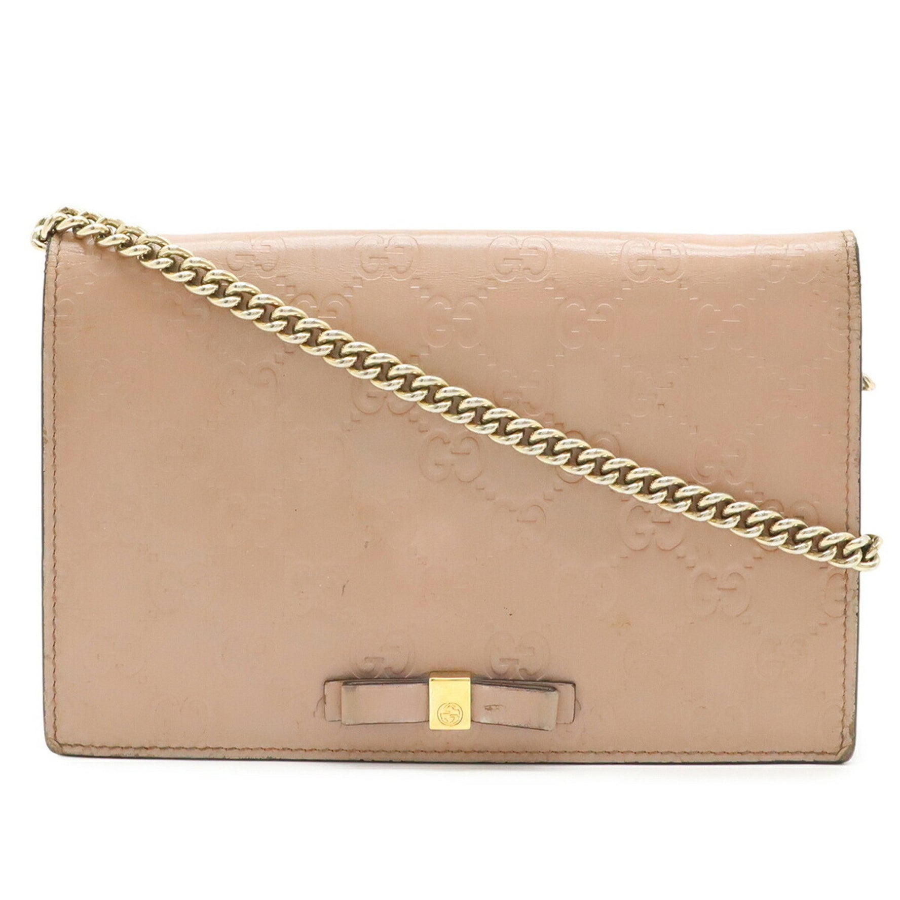 GUCCI Guccissima Chain Wallet Shoulder Bag Clutch Ribbon Leather Dusty Pink