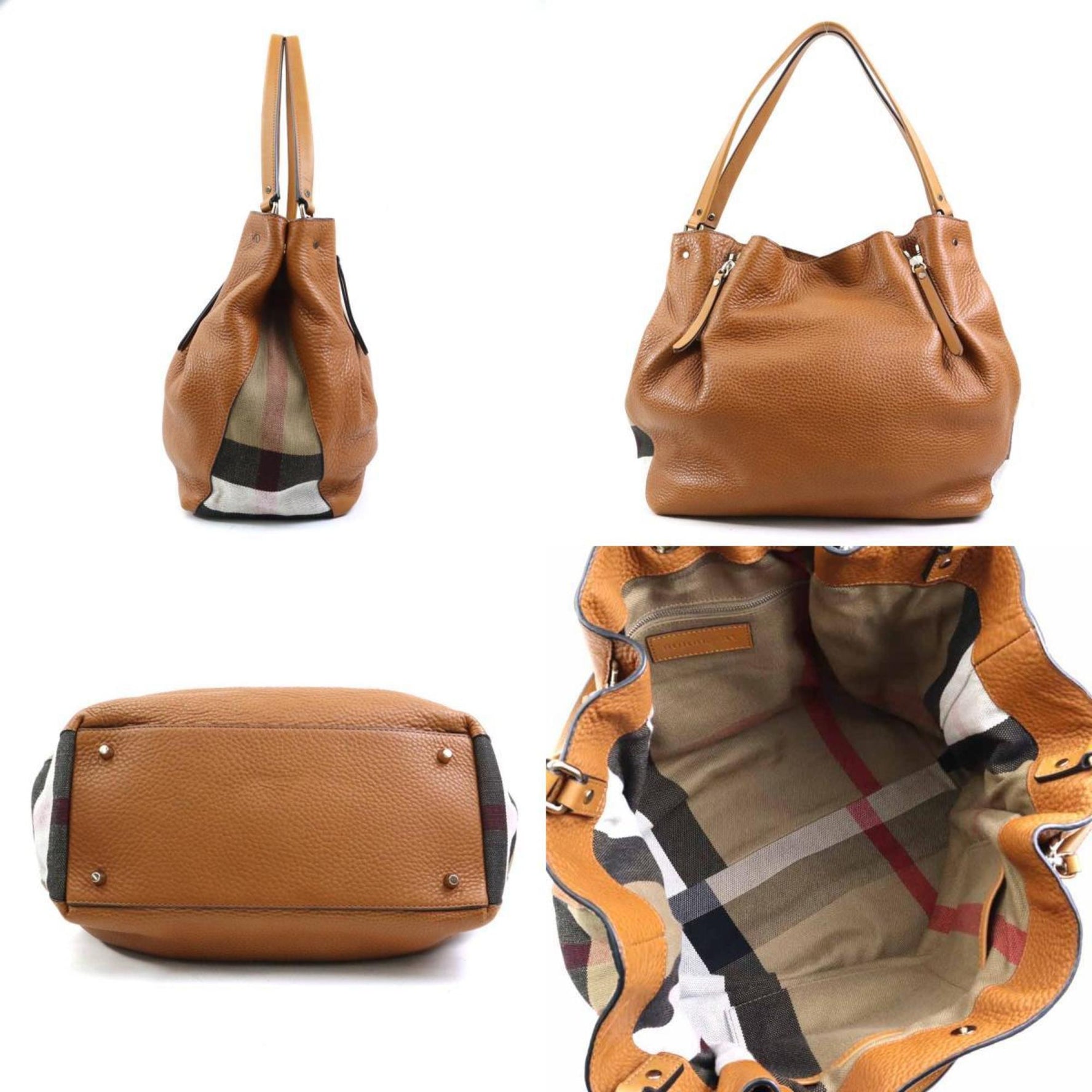 Burberry Shoulder Bag Leather Canvas Brown Multicolor