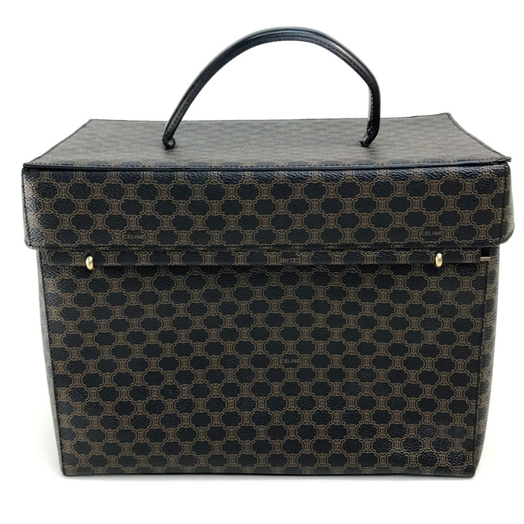 CELINE Logo Horse-Drawn Macadam Handbag, Makeup Box, Vanity Bag, PVC/Leather, Dark Brown