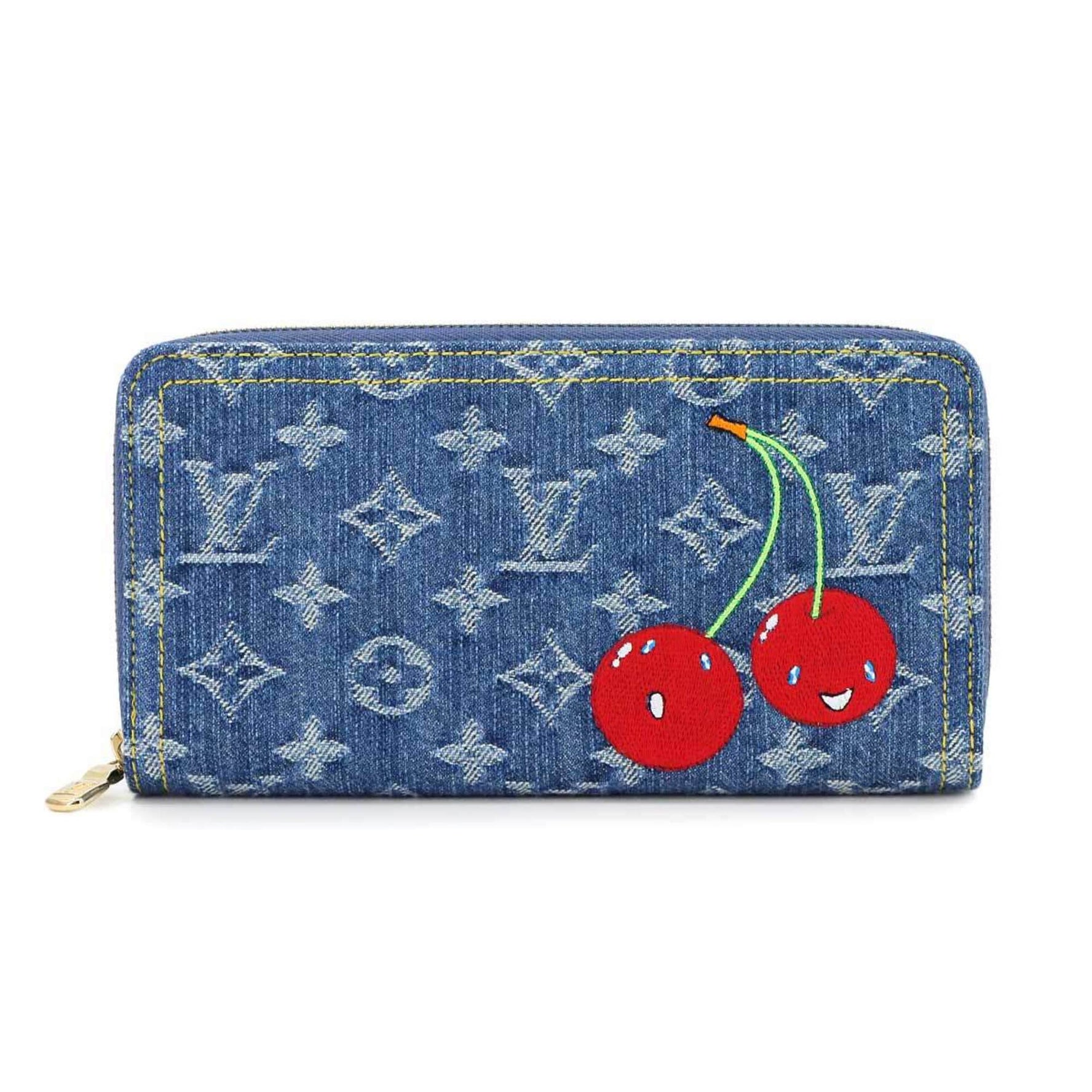 Louis Vuitton LVxTM Zippy Wallet, Round Long Monogram Cherry Denim, Denim Blue, Takashi Murakami RFID Wallet