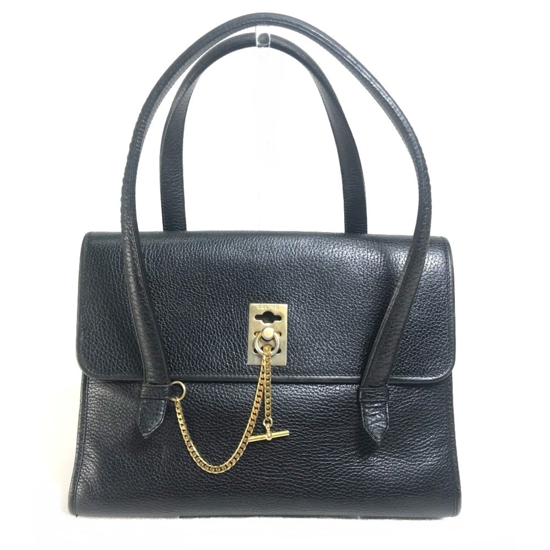 CELINE Vintage Chain Lock Tote Bag, Leather Handbag, with Gold Hardware