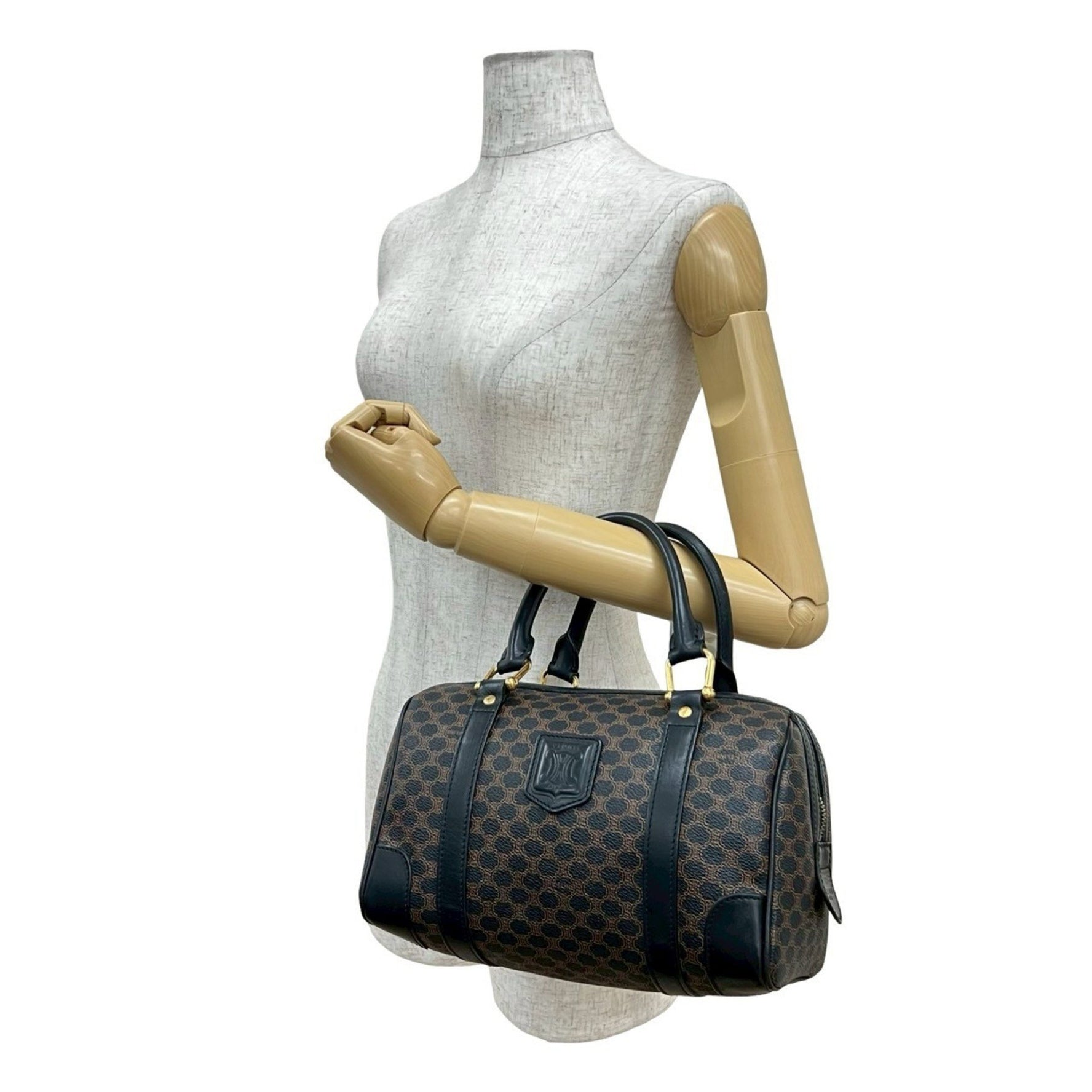 CELINE Macadam Blason Triomphe Leather Handbag/Mini Boston Bag, Black