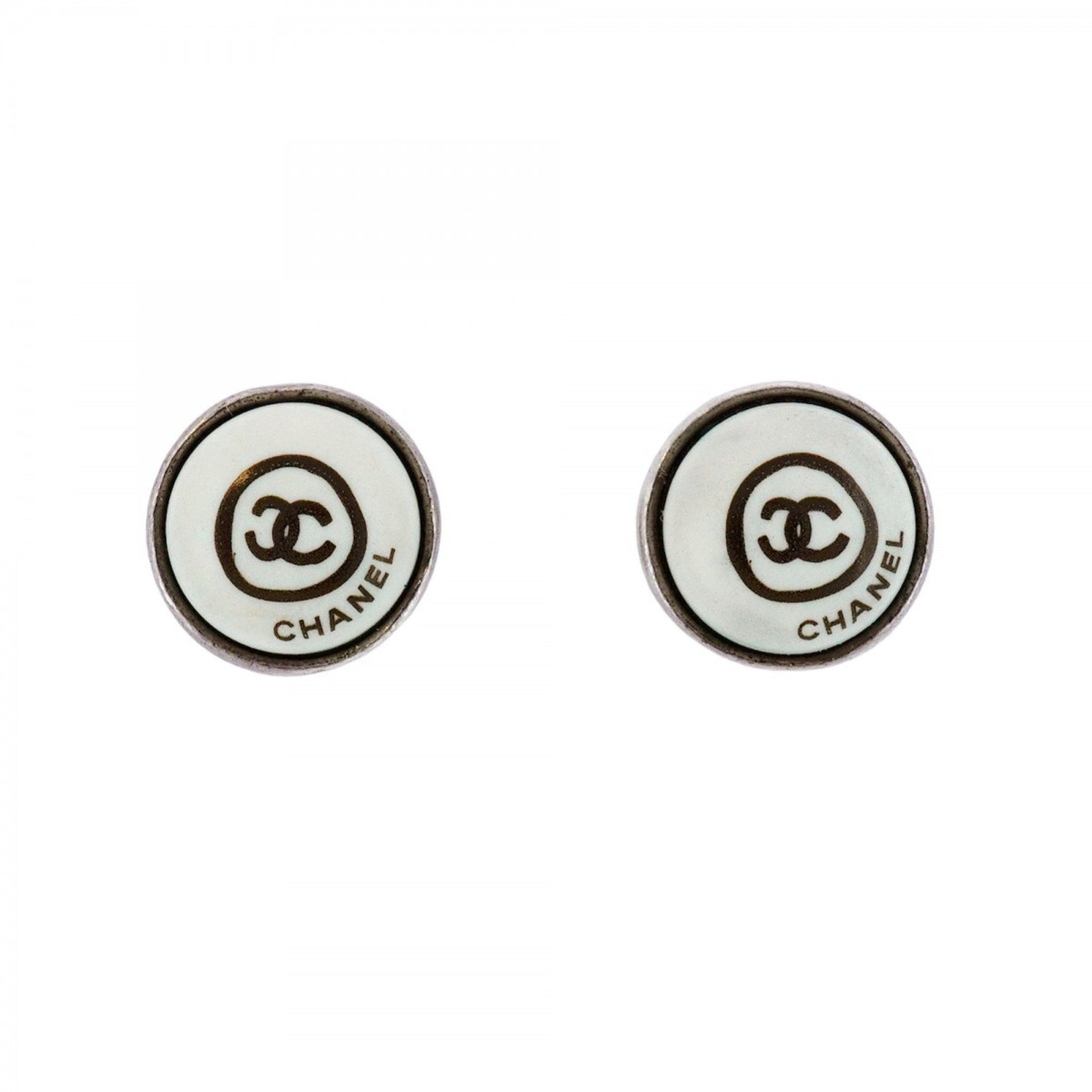 Chanel Coco Mark Circle Metal Earrings in Silver and White