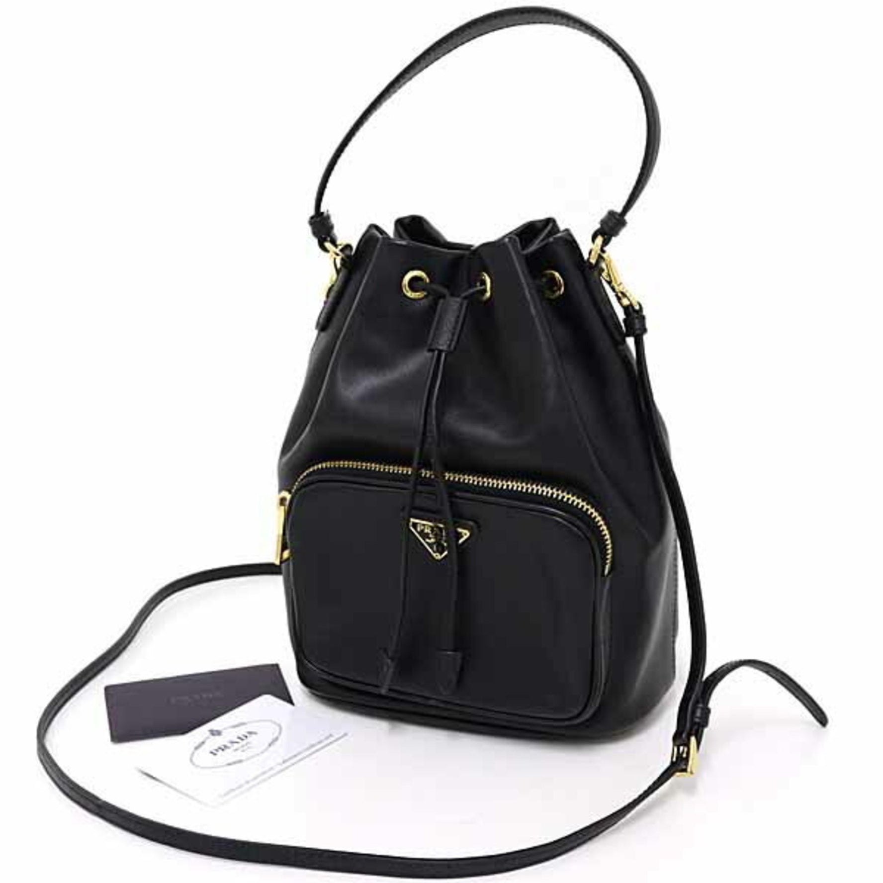 Prada Duet Bucket Bag Shoulder in Soft Calfskin and Saffiano Leather, Nero Black