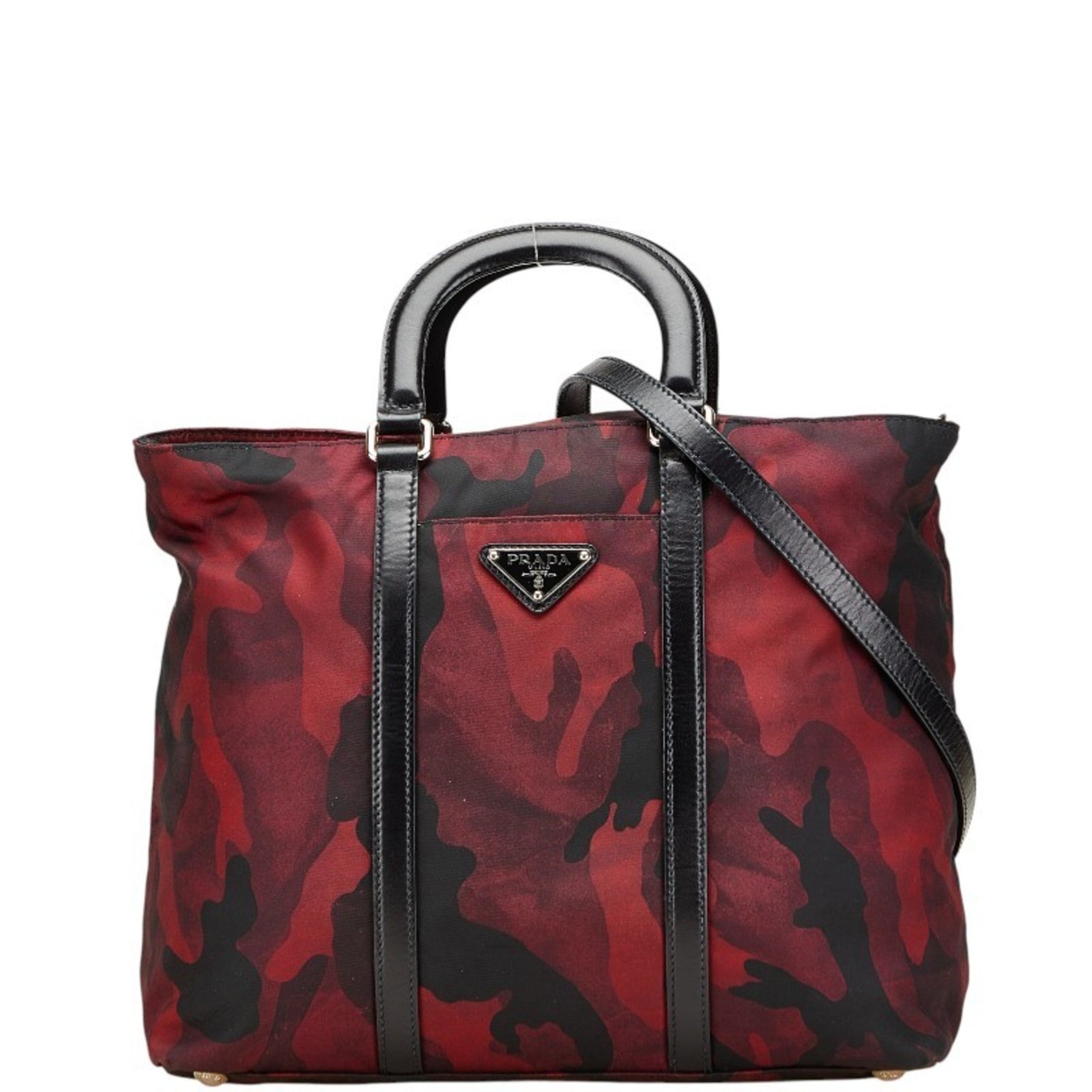 Prada Triangle Logo Camouflage Handbag/Shoulder Bag Wine Red, Black, Nylon, Leather
