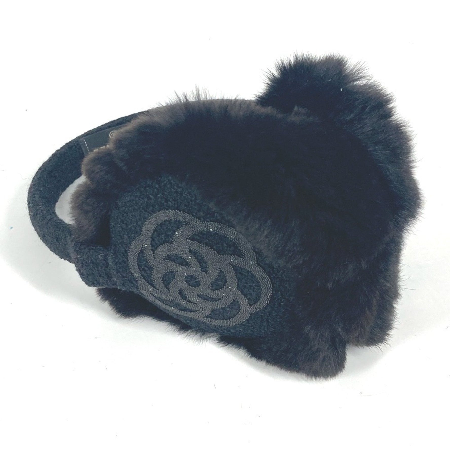 CHANEL Chanel Earmuffs Ear Warmers Camellia Stone CC Coco Mark Scarf Fur Women's Black