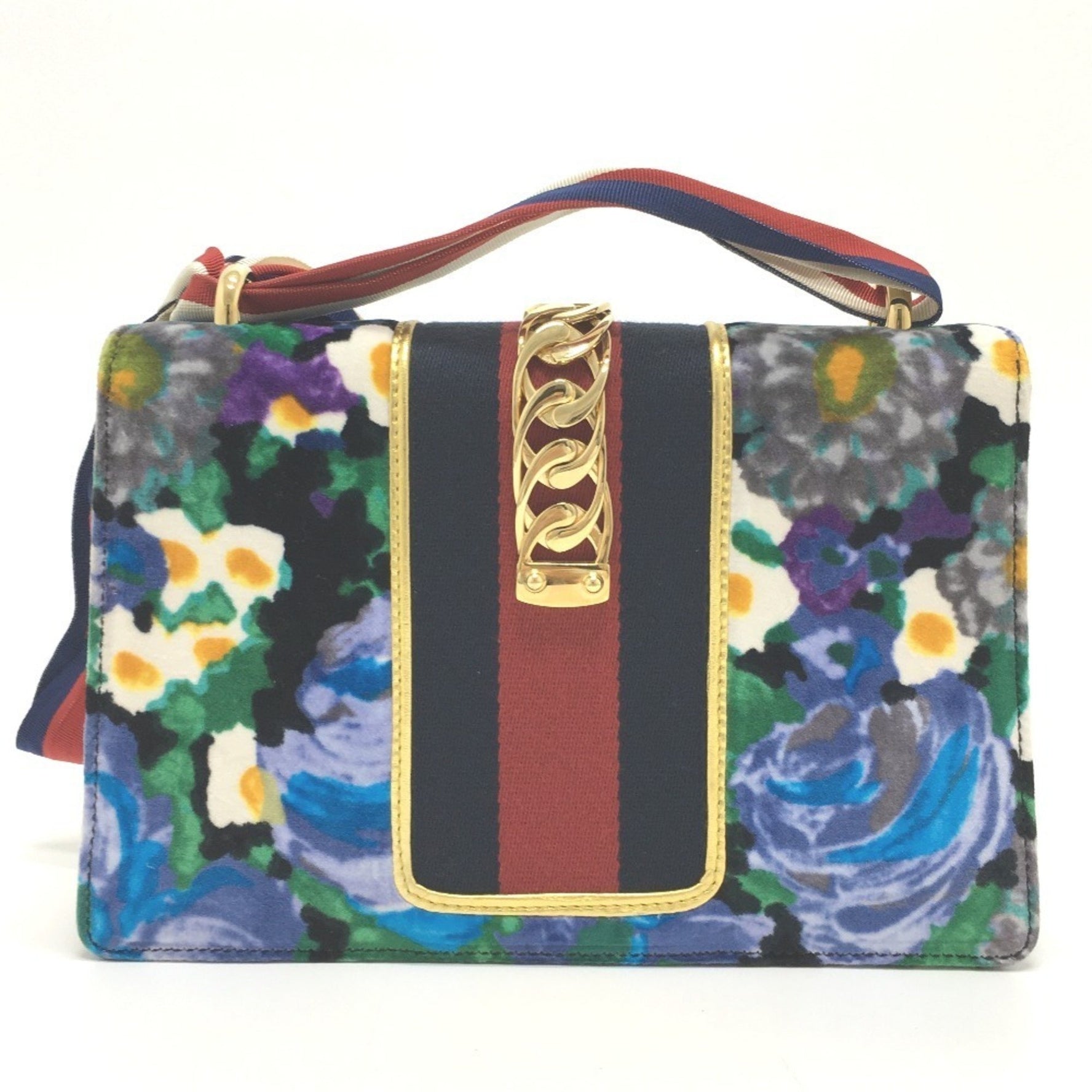 GUCCI Floral Sylvie Small Ribbon Shoulder Bag in Velour/Leather, Multicolor