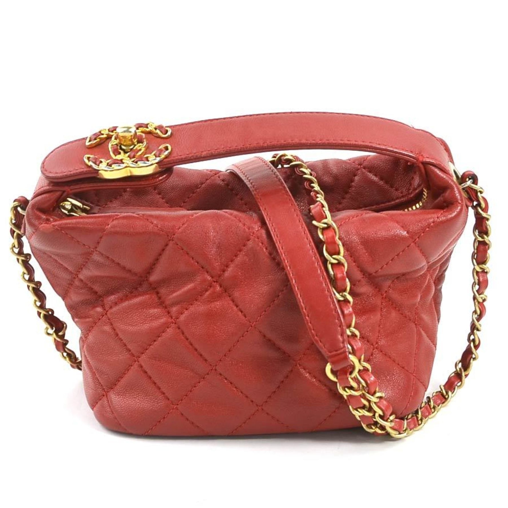 CHANEL Shoulder Bag Matelasse Leather Metal Red