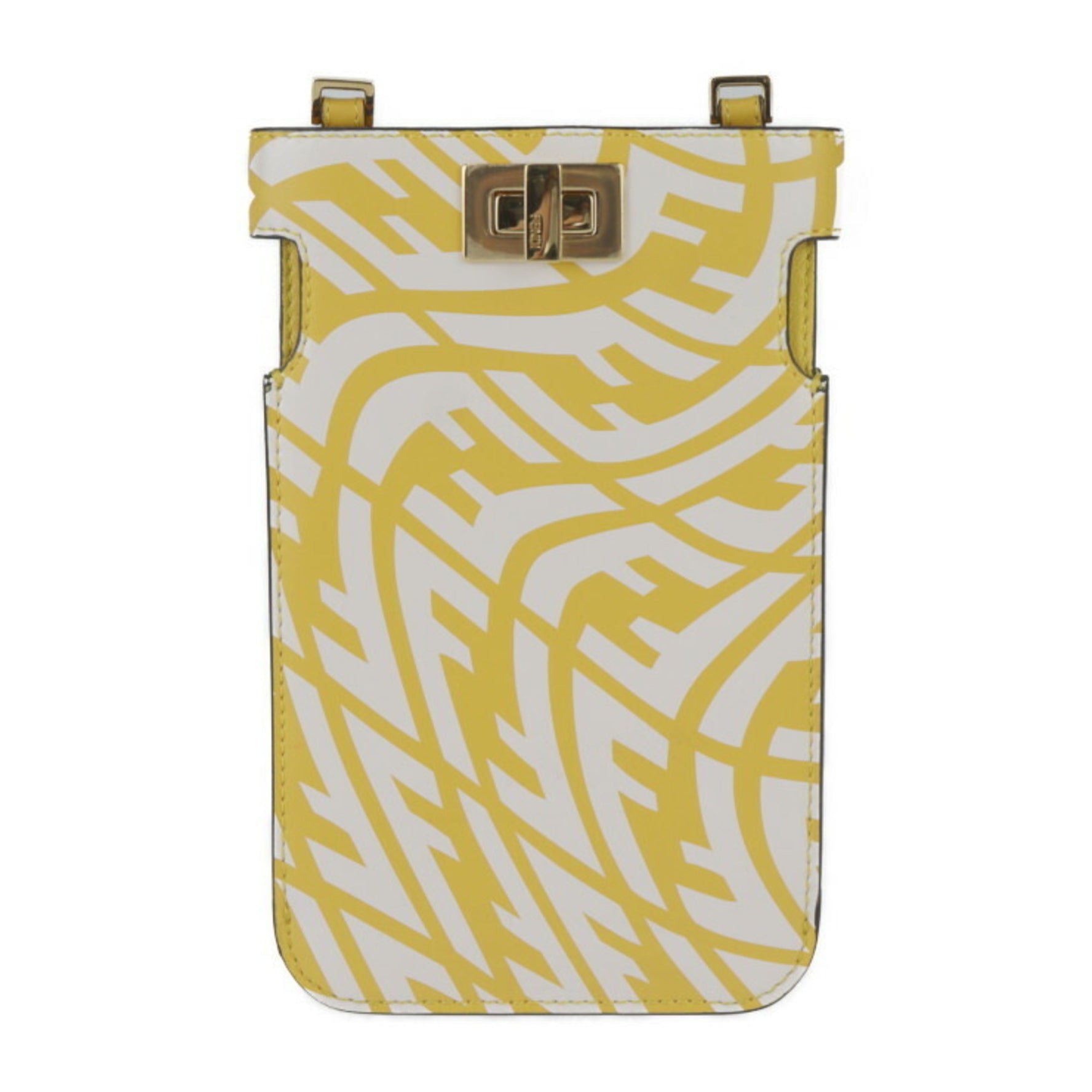 FENDI Peekaboo Shoulder Bag 8M0442 Calf Leather Yellow Zucca Pattern Smartphone Pouch Case Strap Turn Lock