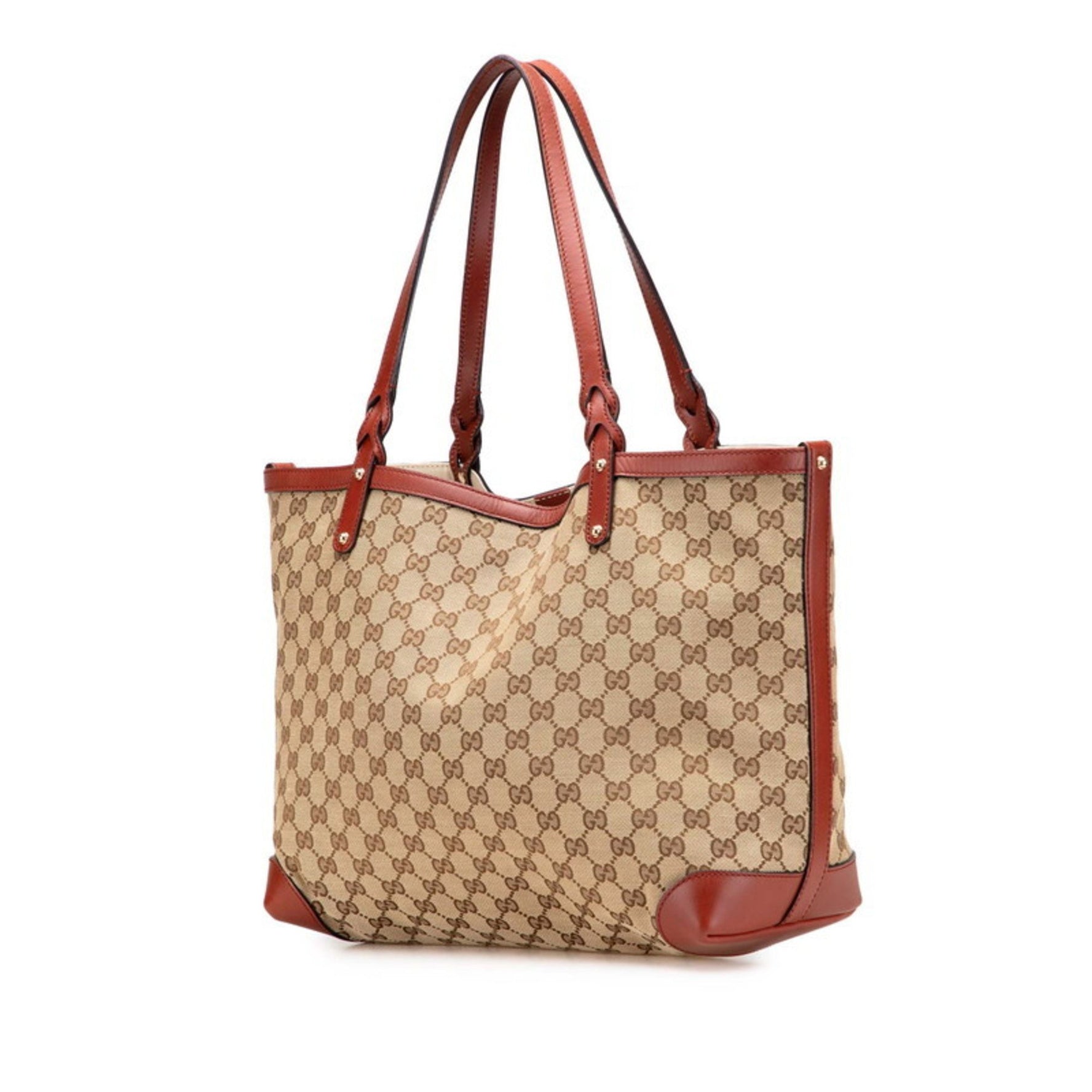 Gucci GG Canvas Tote Bag Beige Brown Leather