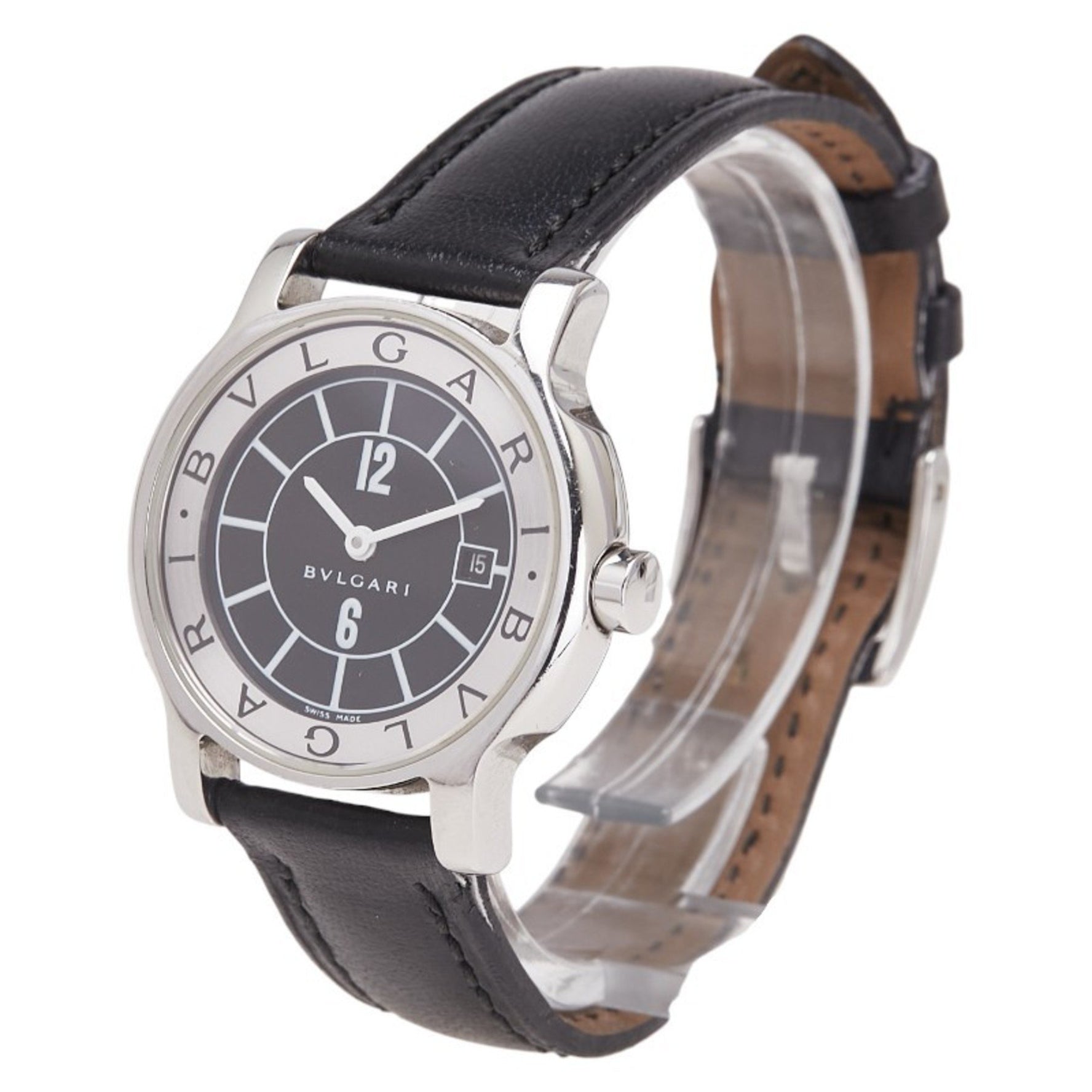 Bvlgari Solotempo Date Watch Quartz Movement Black Dial Stainless Steel Leather