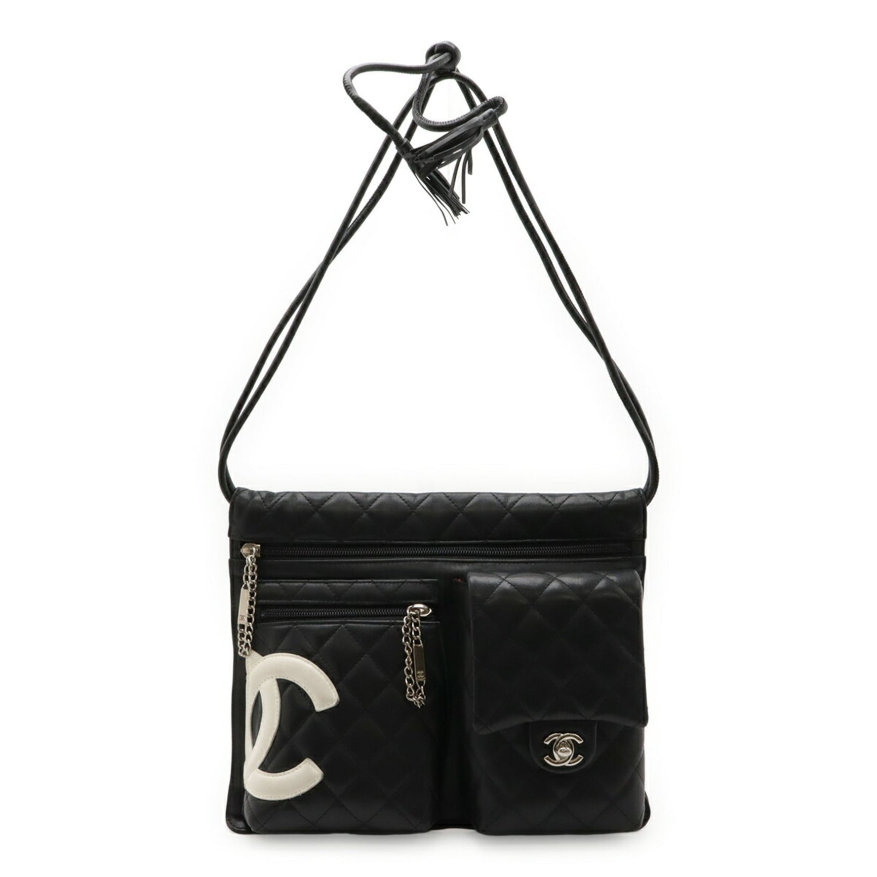 CHANEL Cambon Line Shoulder Bag with Coco Mark, Soft Calf Leather, Black, White, and Pink