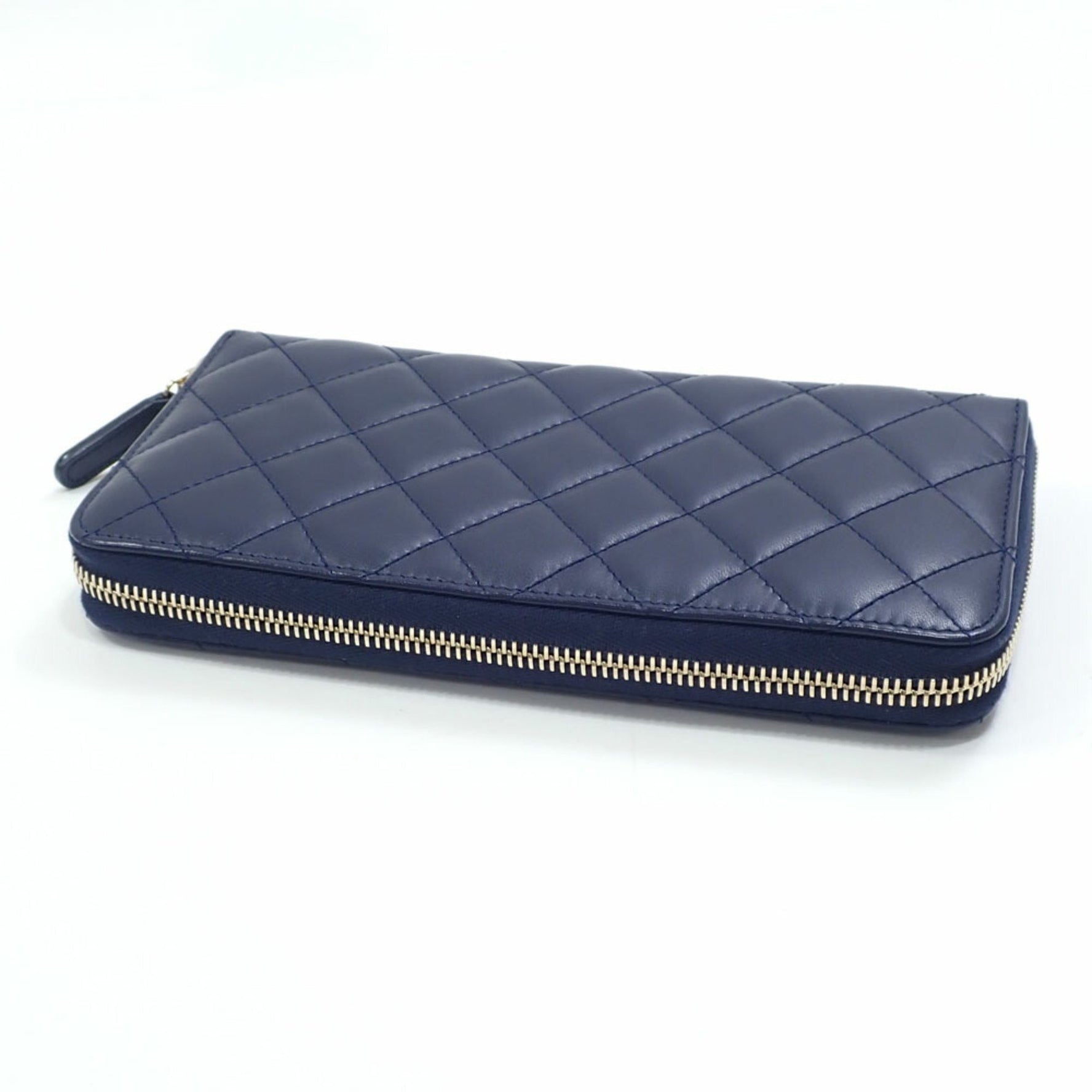 Chanel Matelasse Round Long Wallet, Blue, Lambskin, Genuine Leather, Coco Mark