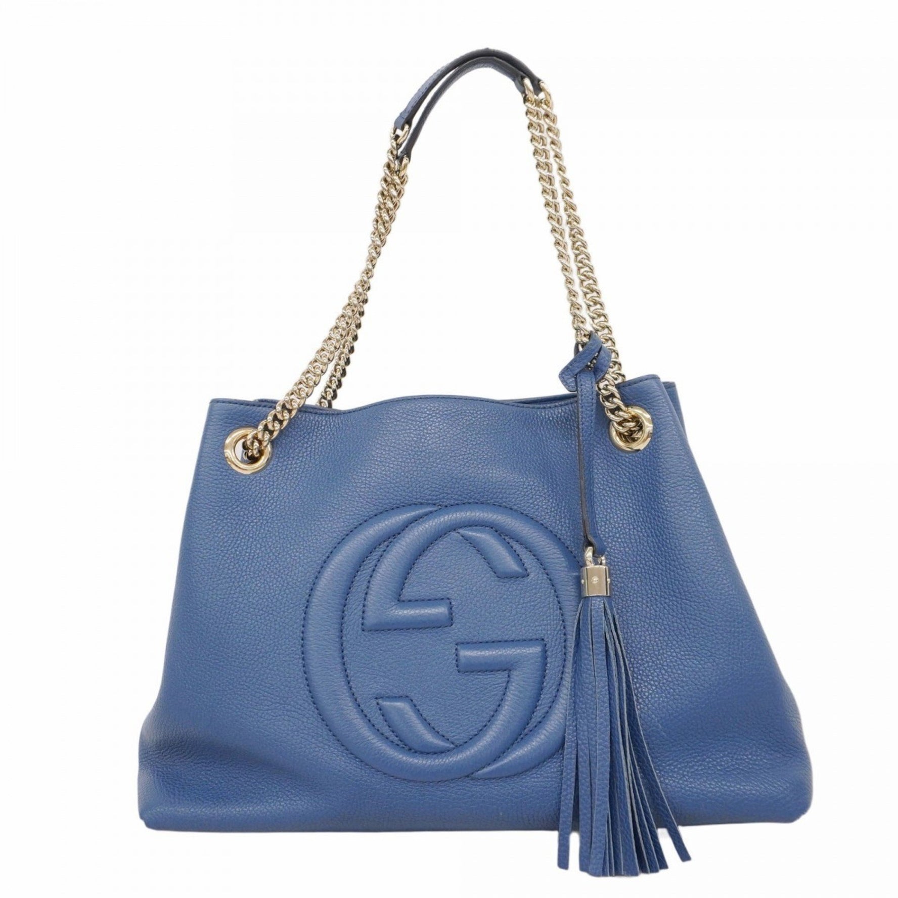 Gucci Soho Tote Bag Leather Blue Champagne Women's