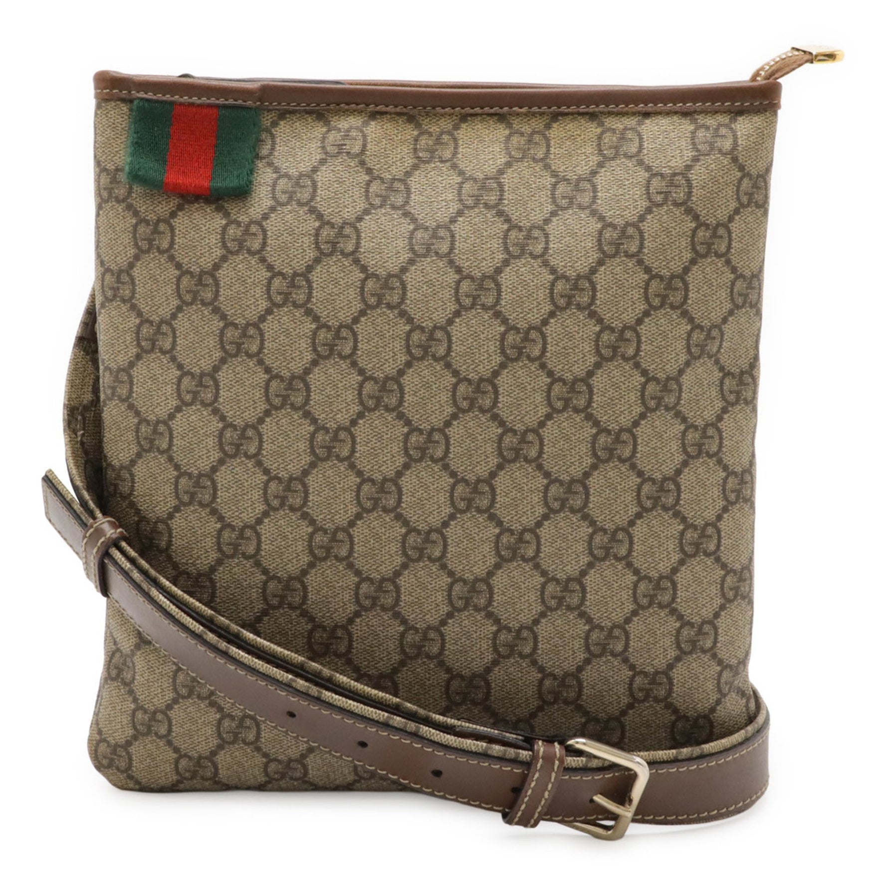 GUCCI GG Supreme Shoulder Bag in PVC and Leather, Beige Dark Brown