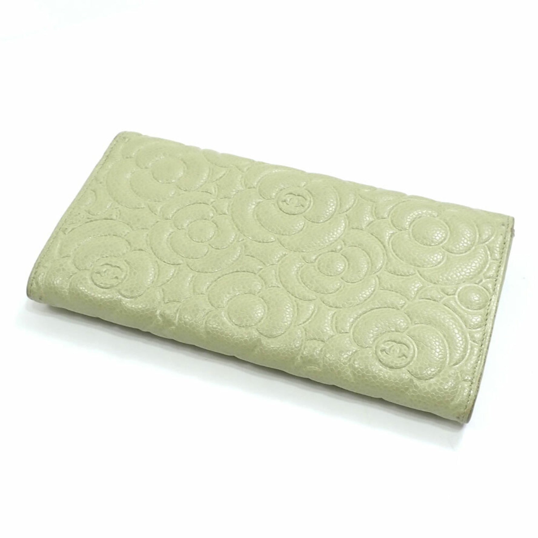 Chanel Camellia CC Bifold Long Wallet Light Green/Yellow-Green Grained Calfskin, Genuine Leather with Coco Mark