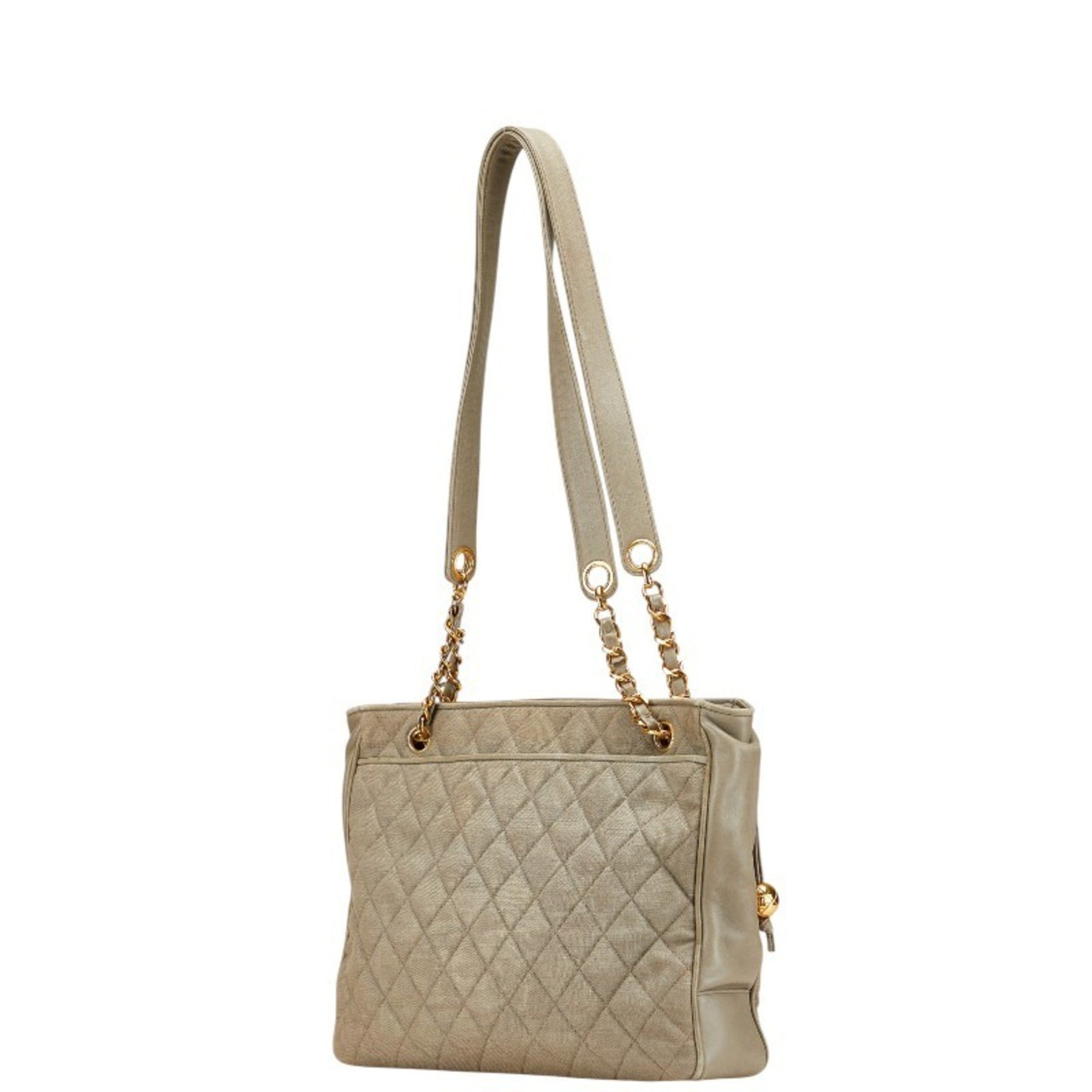 CHANEL Matelasse Coco Mark Chain Tote Bag in Gray and Light Green Canvas Leather