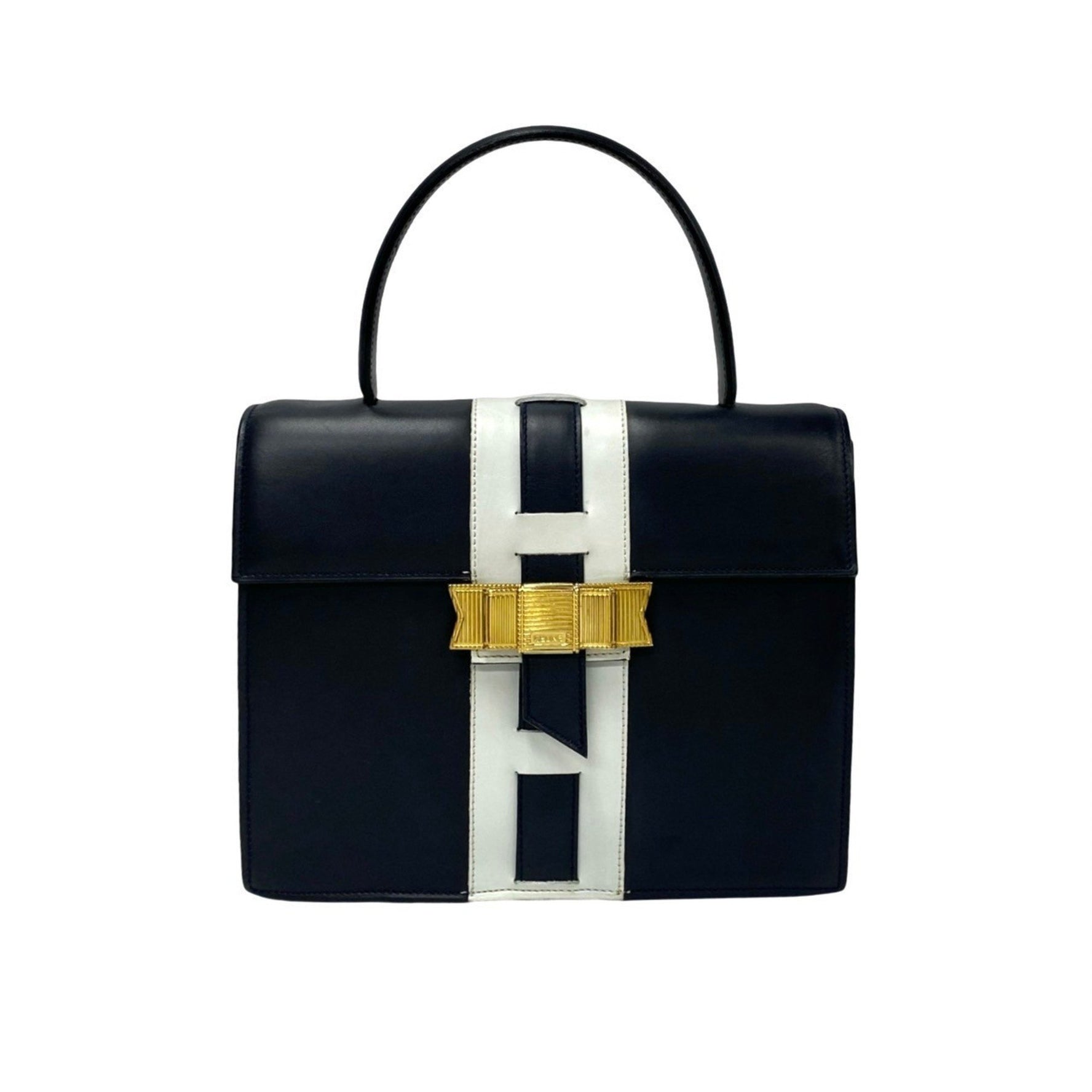 CELINE Logo Ribbon Hardware Leather Genuine Handbag Mini Tote Bag Navy White