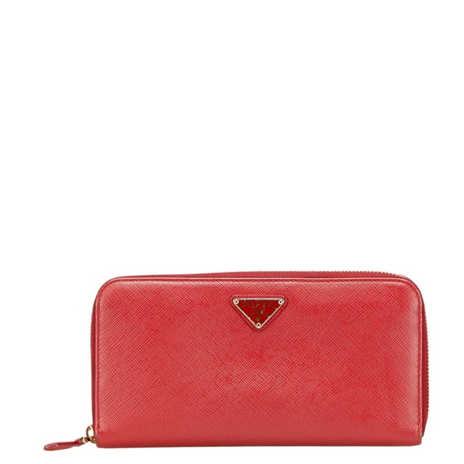 Prada Triangle Logo Plate Round Zip Long Wallet Red Saffiano Leather