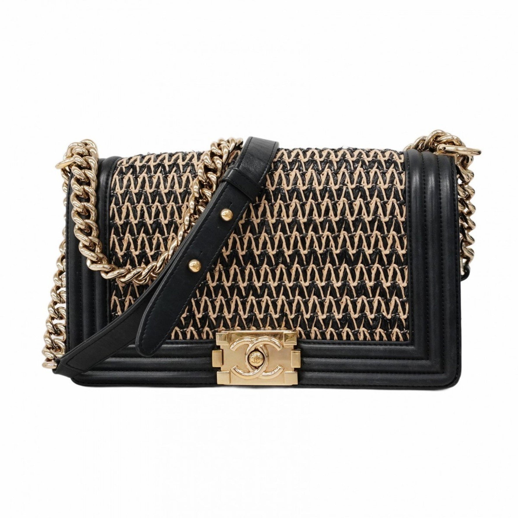 Chanel Shoulder Bag Boy Chain Lambskin Straw
