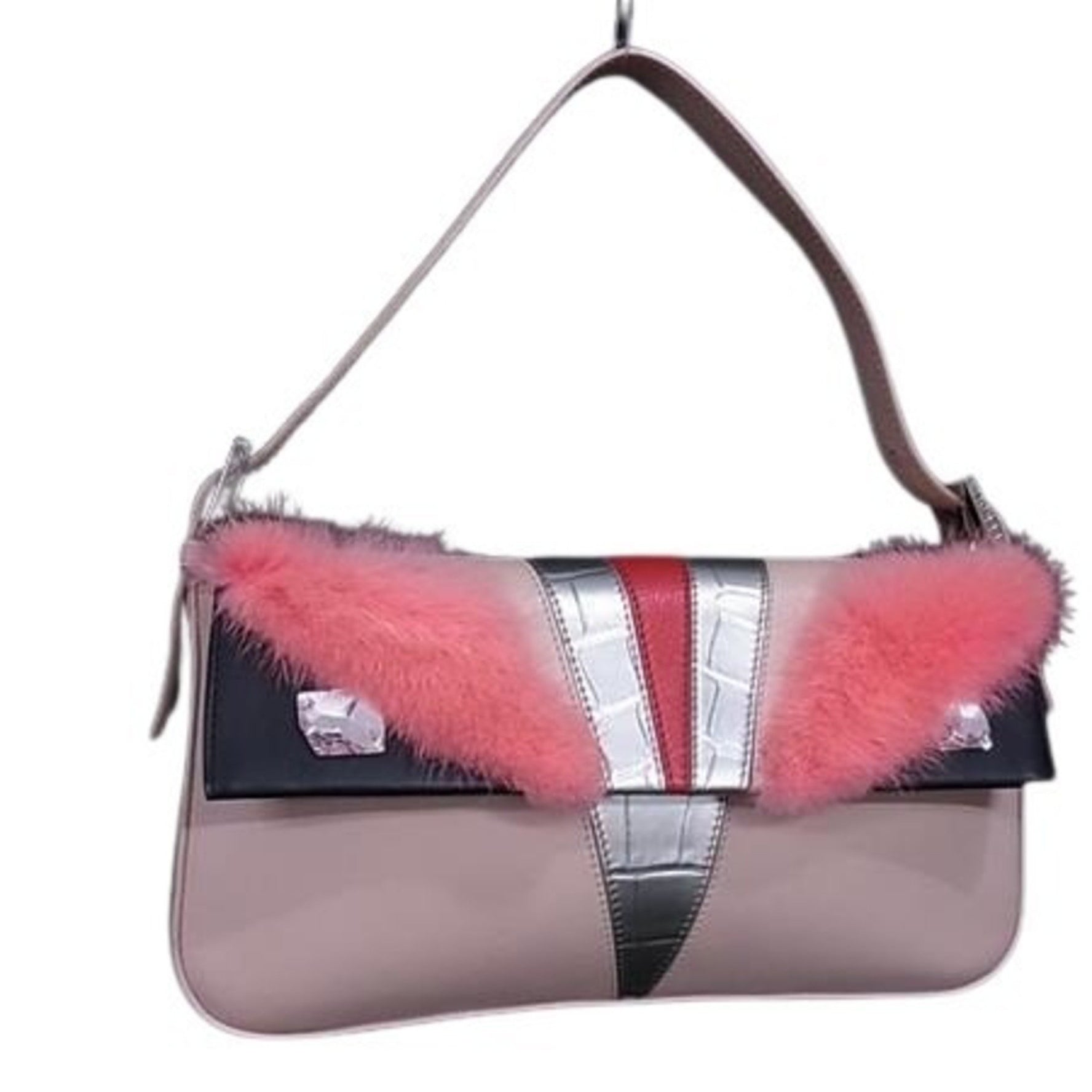 FENDI Mamma Baguette Monster Series Handbag Pink Multicolor Leather Fur Jeweled