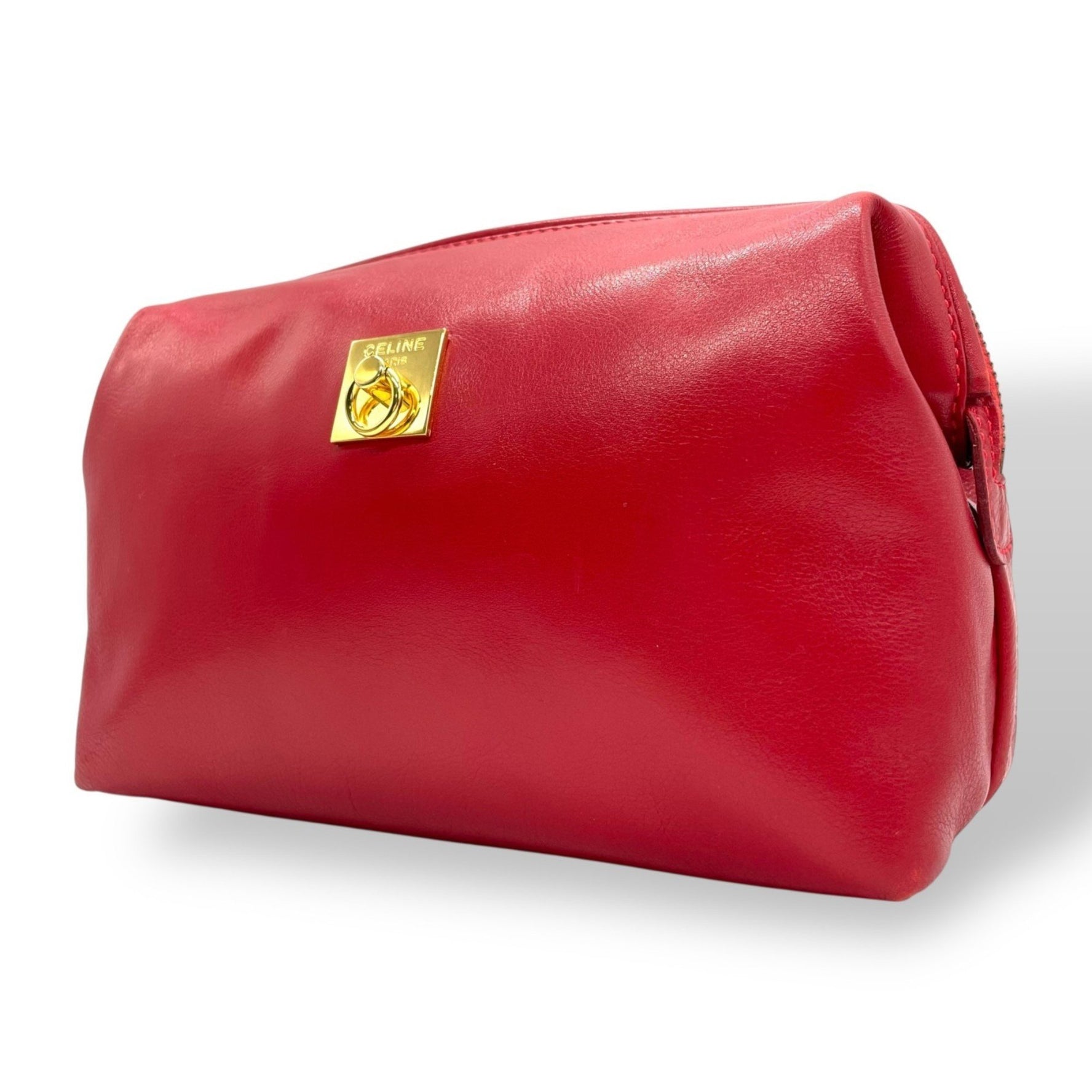 CELINE Vintage Céline Pouch, Makeup Cosmetic Clutch Bag, Red Leather, Gold Hardware, Logo, Women's, K6