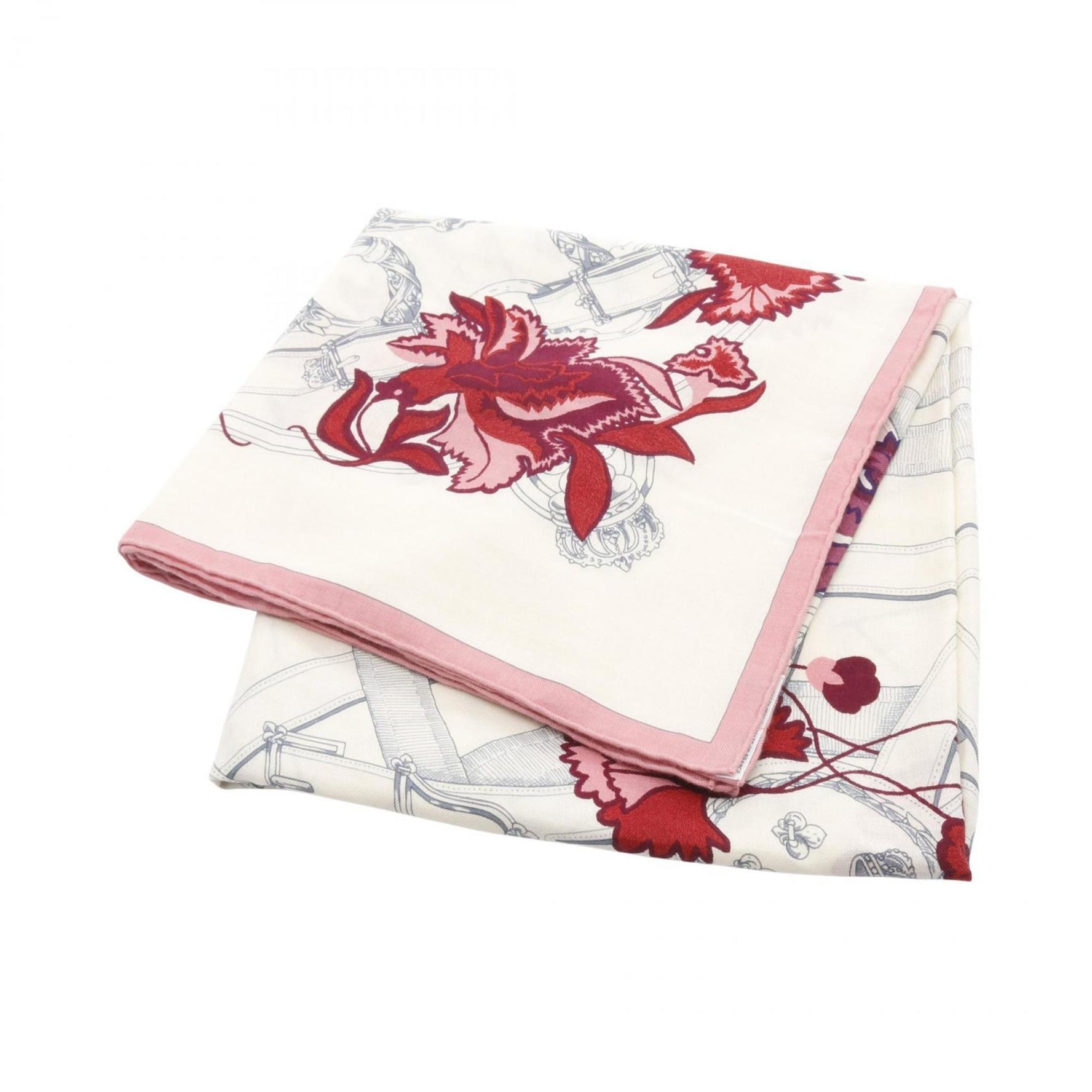 Hermes Hermès Carré Jean 140 Cavalcadour Fleuri Scarf, Silk, Cashmere, White, Pink