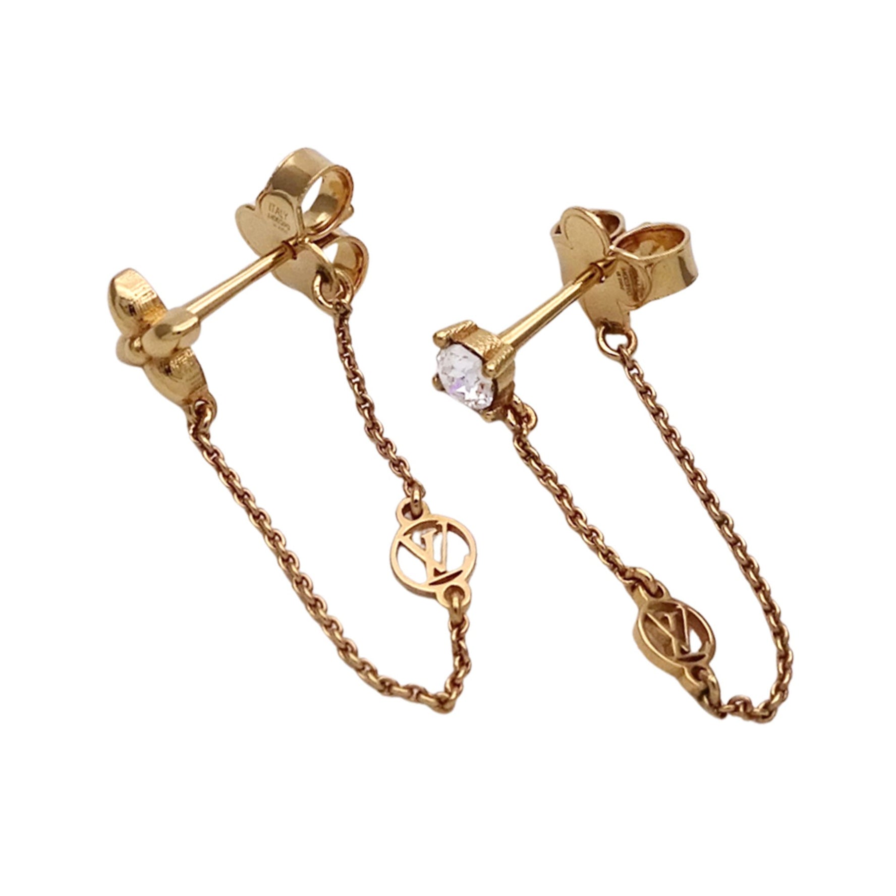 Louis Vuitton LOUIS VUITTON Earrings Brand Metal Petit Gold Hoop Chain Flower Rhinestone Monogram