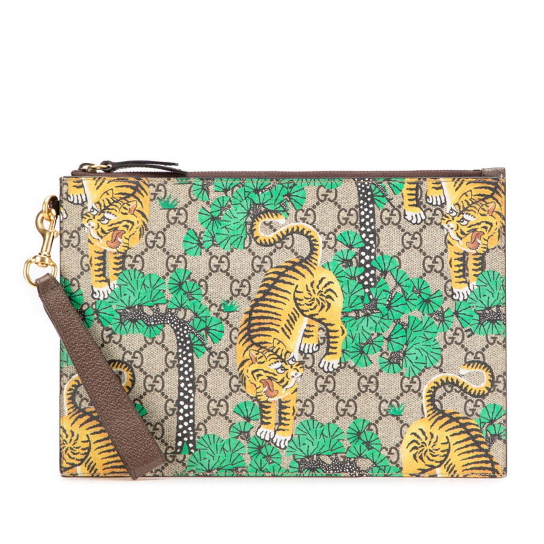 Gucci GG Supreme Tiger Clutch Bag in Brown, Green, and Yellow Leather