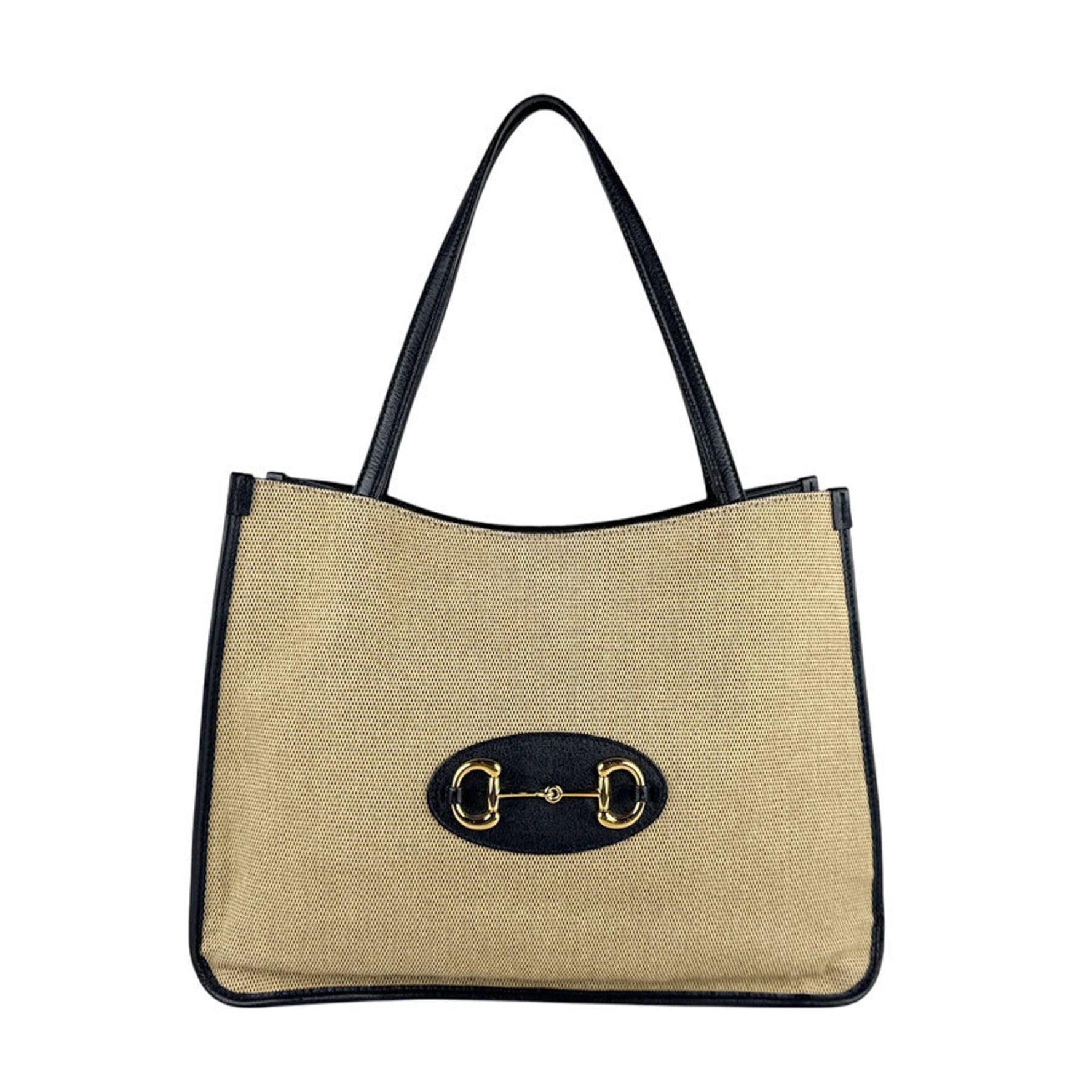 Gucci Horsebit Shoulder Bag in Canvas and Leather, Beige, Navy, Gold