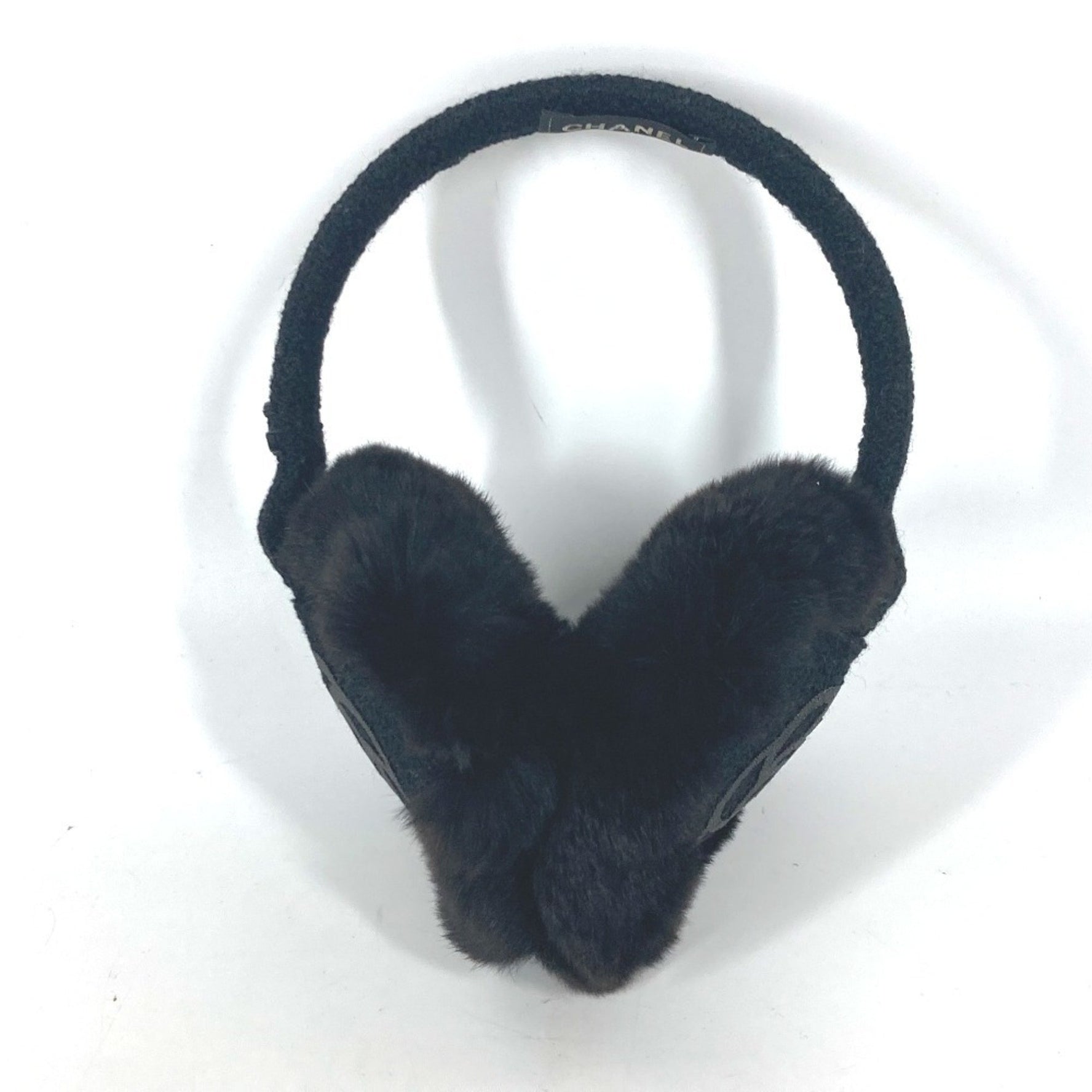 CHANEL Chanel Earmuffs Ear Warmers Camellia Stone CC Coco Mark Scarf Fur Women's Black