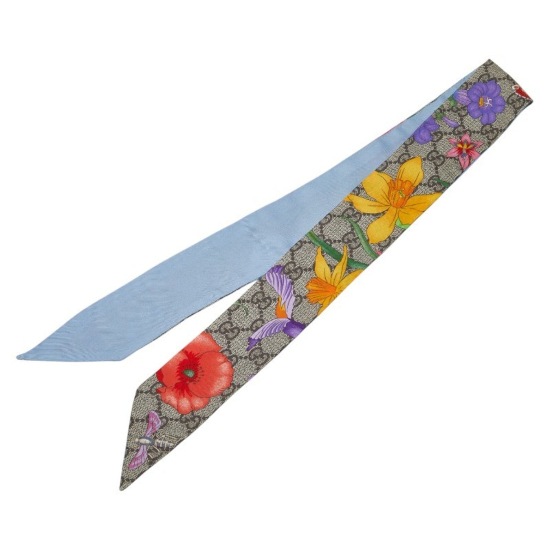 Gucci GG Flora Flower and Butterfly Neck Bow Scarf in Beige Multicolor Silk