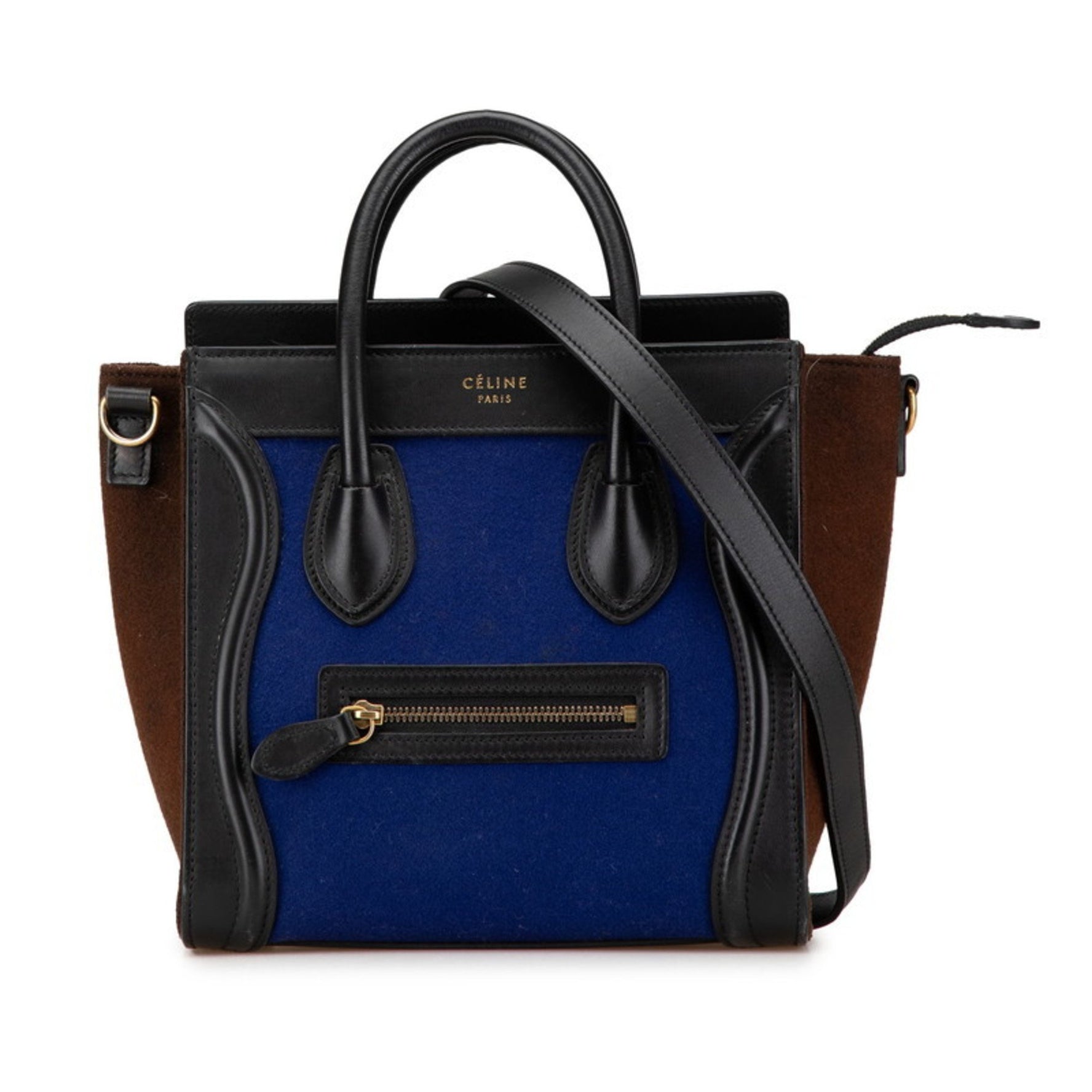 Celine Luggage Nano Shopper Tricolor Handbag Shoulder Bag Blue Brown Black Wool Leather
