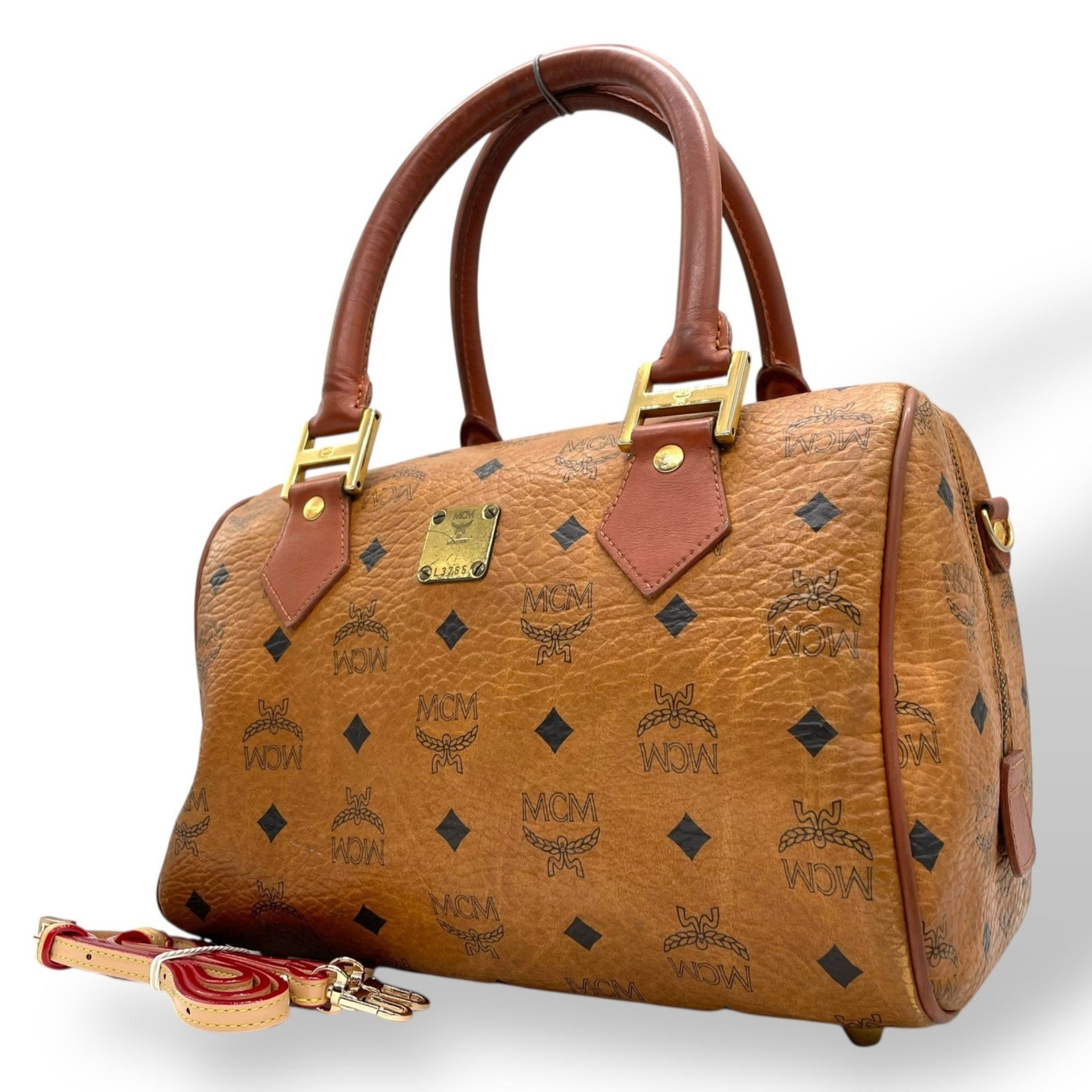 MCM Visetos Handbag, Mini Boston Bag, Shoulder Cognac Leather with Gold Hardware, Size D