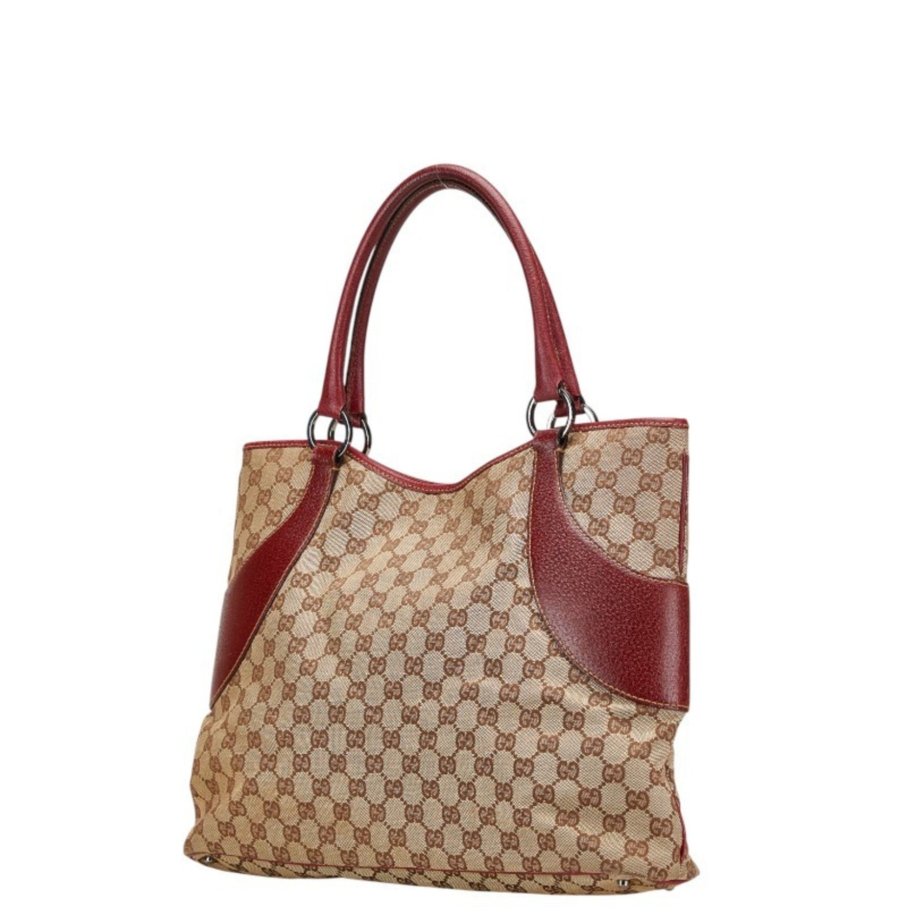 Gucci GG Canvas Handbag Tote Bag Beige Purple Leather