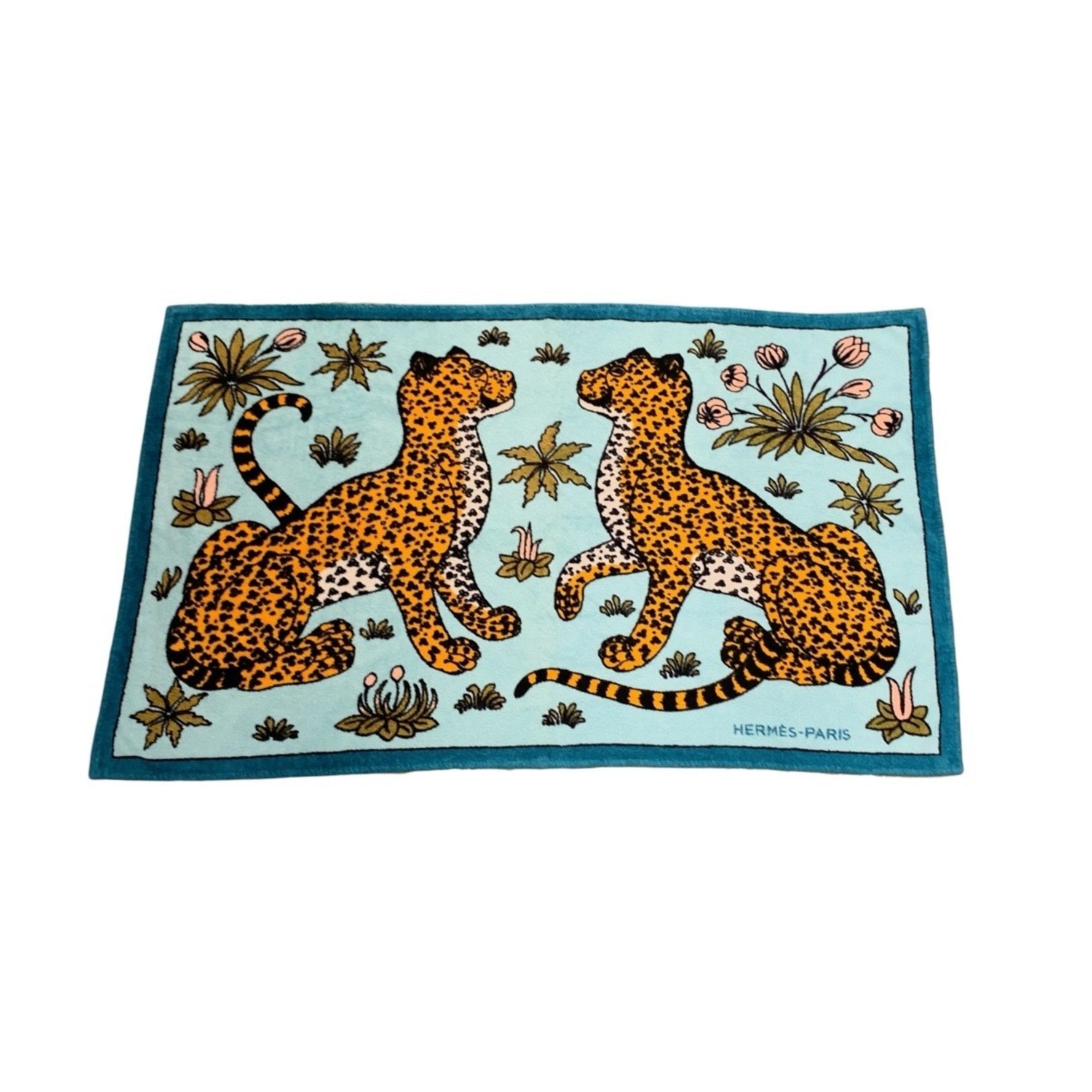 HERMES Leopard Print Mint Green Cotton Beach Towel Blanket