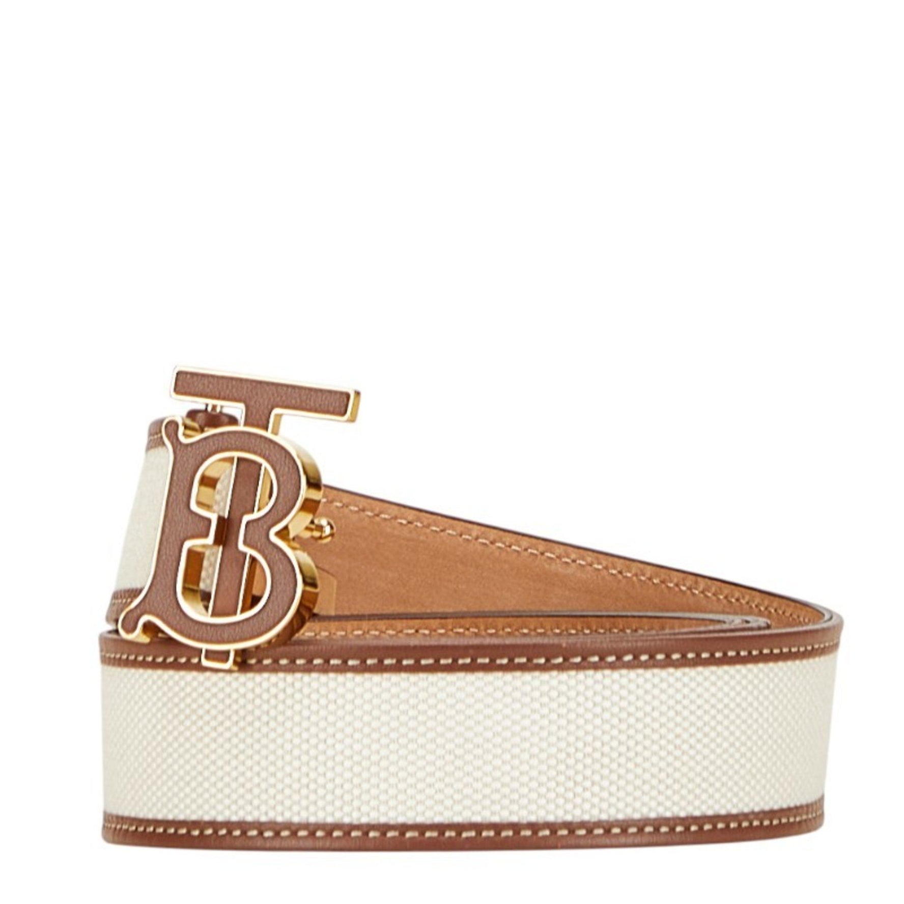 Burberry TB Logo Belt, Size L, White/Brown Canvas/Leather