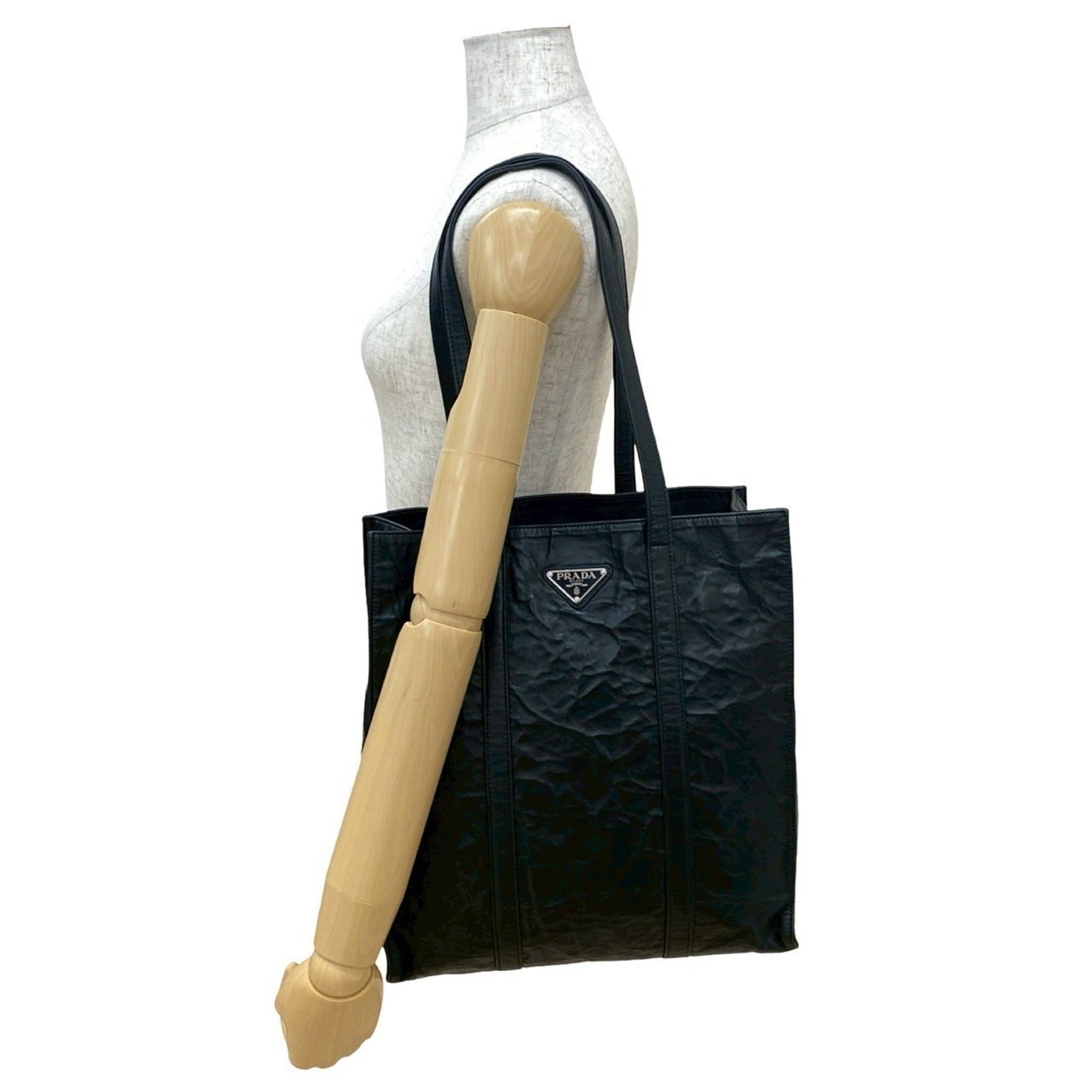 PRADA Triangle Logo Hardware Leather Tote Bag, Semi-Shoulder Handbag