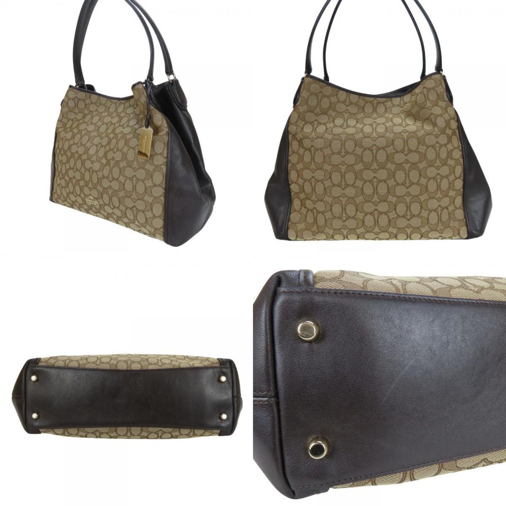 Coach Tote Bag Signature Canvas Leather Brown Dark
