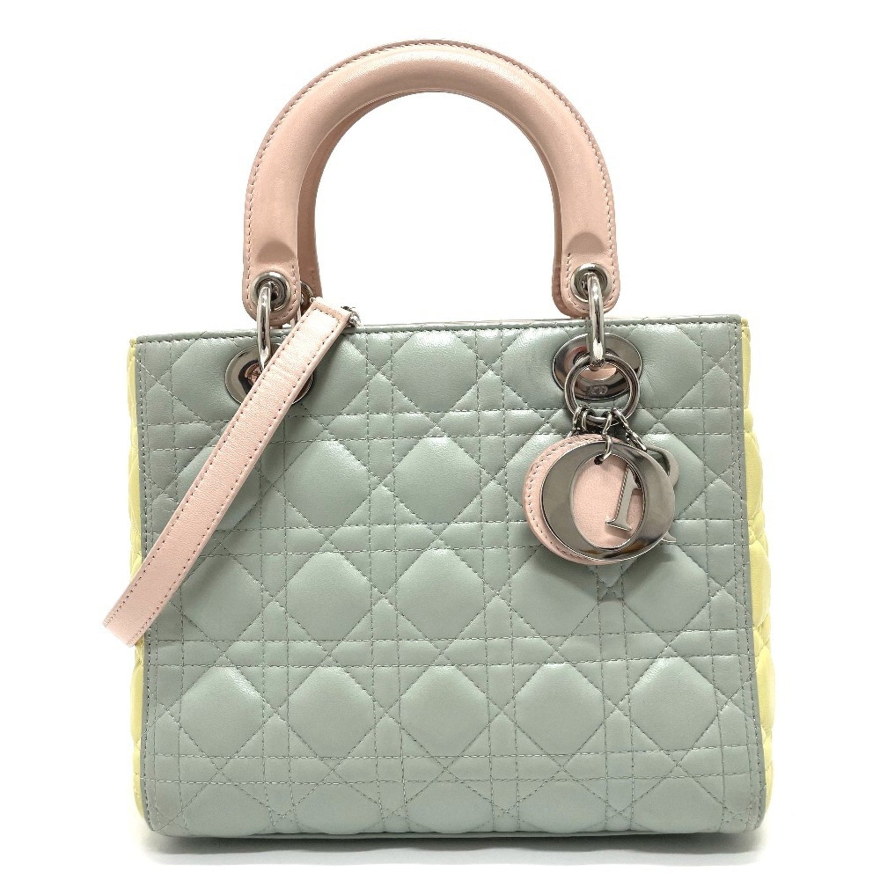 Christian Dior Dior Cannage Lady Bag Shoulder Handbag Leather Blue x Yellow Pink