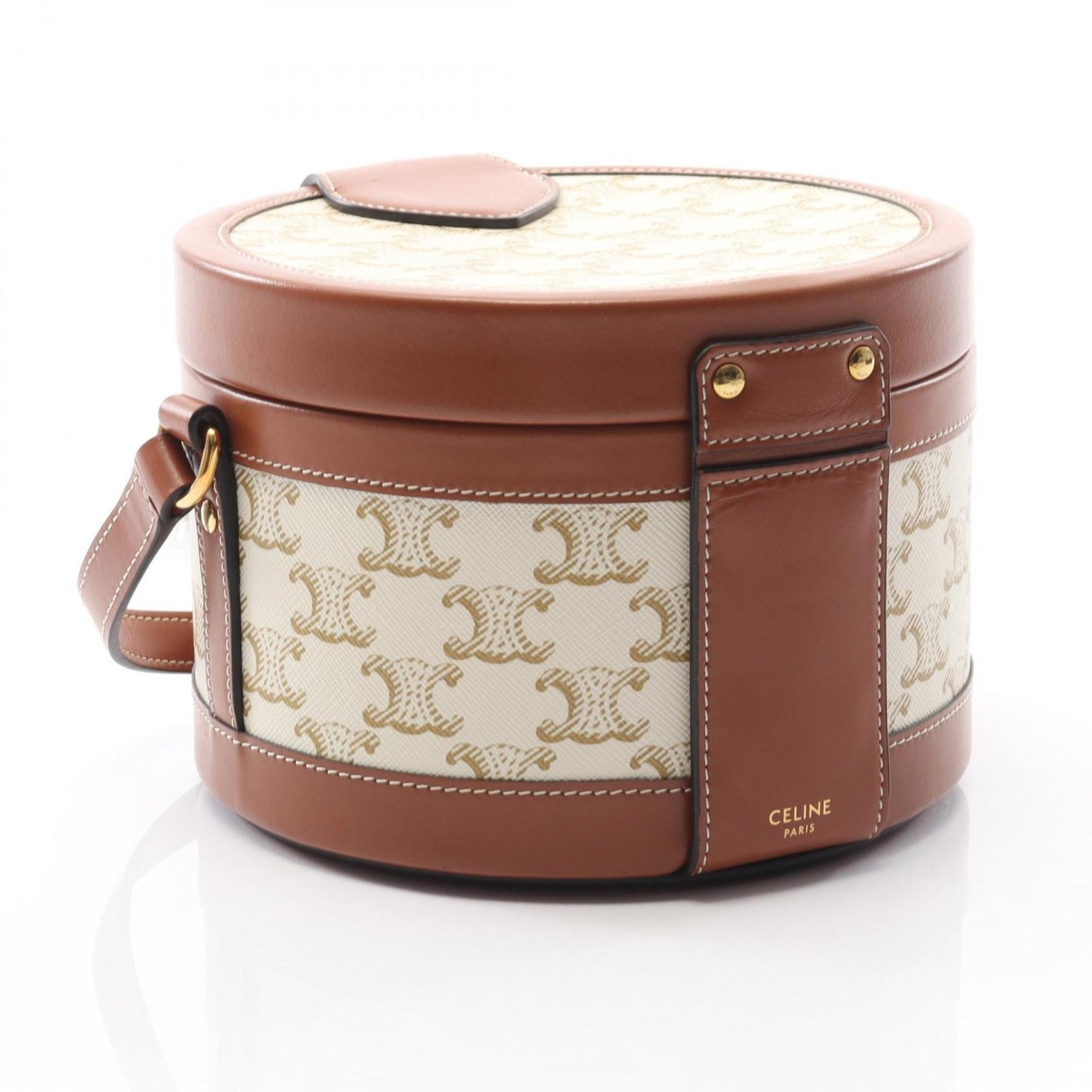 Celine Tambour Medium Triomphe Shoulder Bag, Coated Canvas and Leather, White Brown