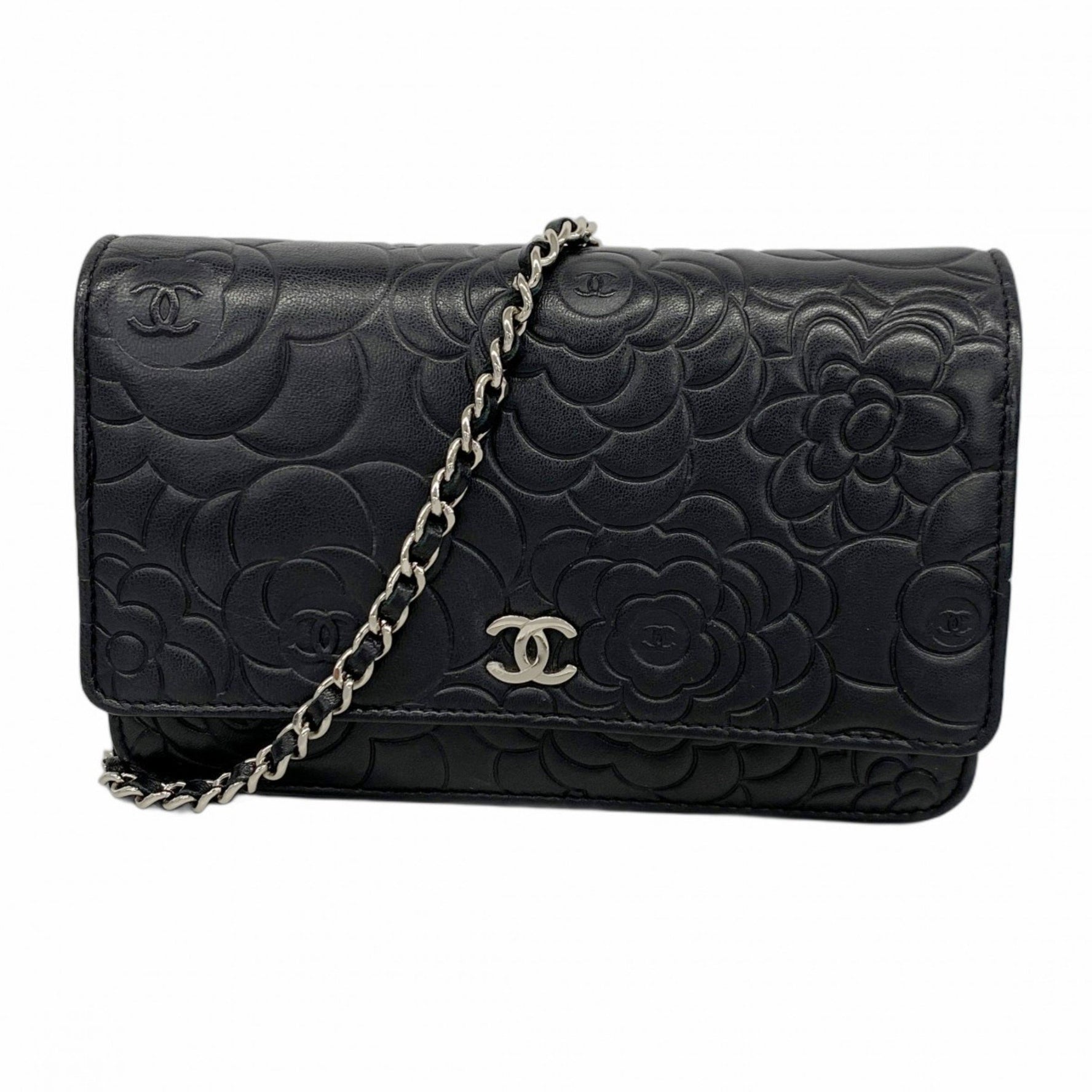 Chanel Camellia Chain Shoulder Wallet, Lambskin, Black, Women's