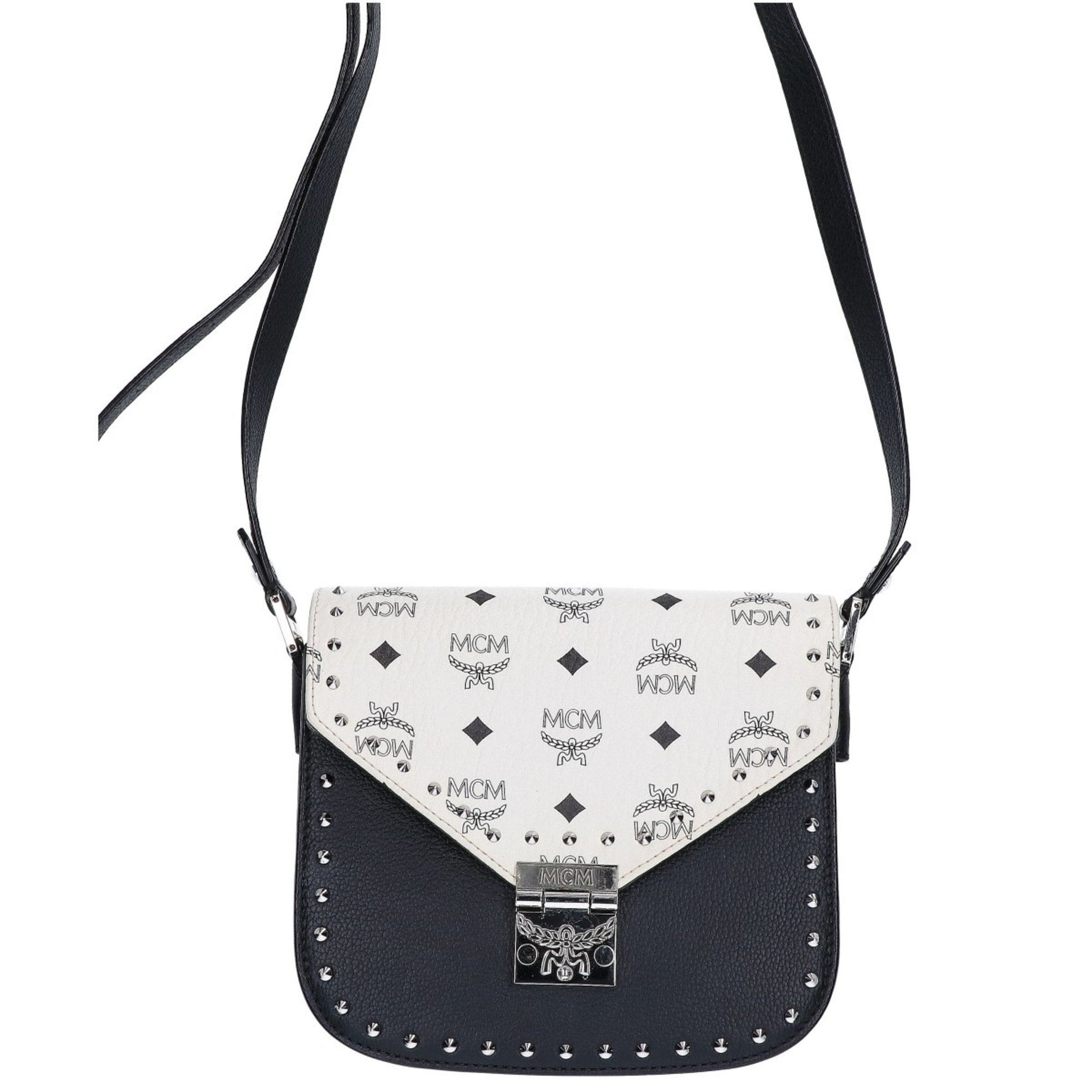 MCM MADE TO ORDER 2017 Visetos Studded Flap Shoulder Bag in Black and White