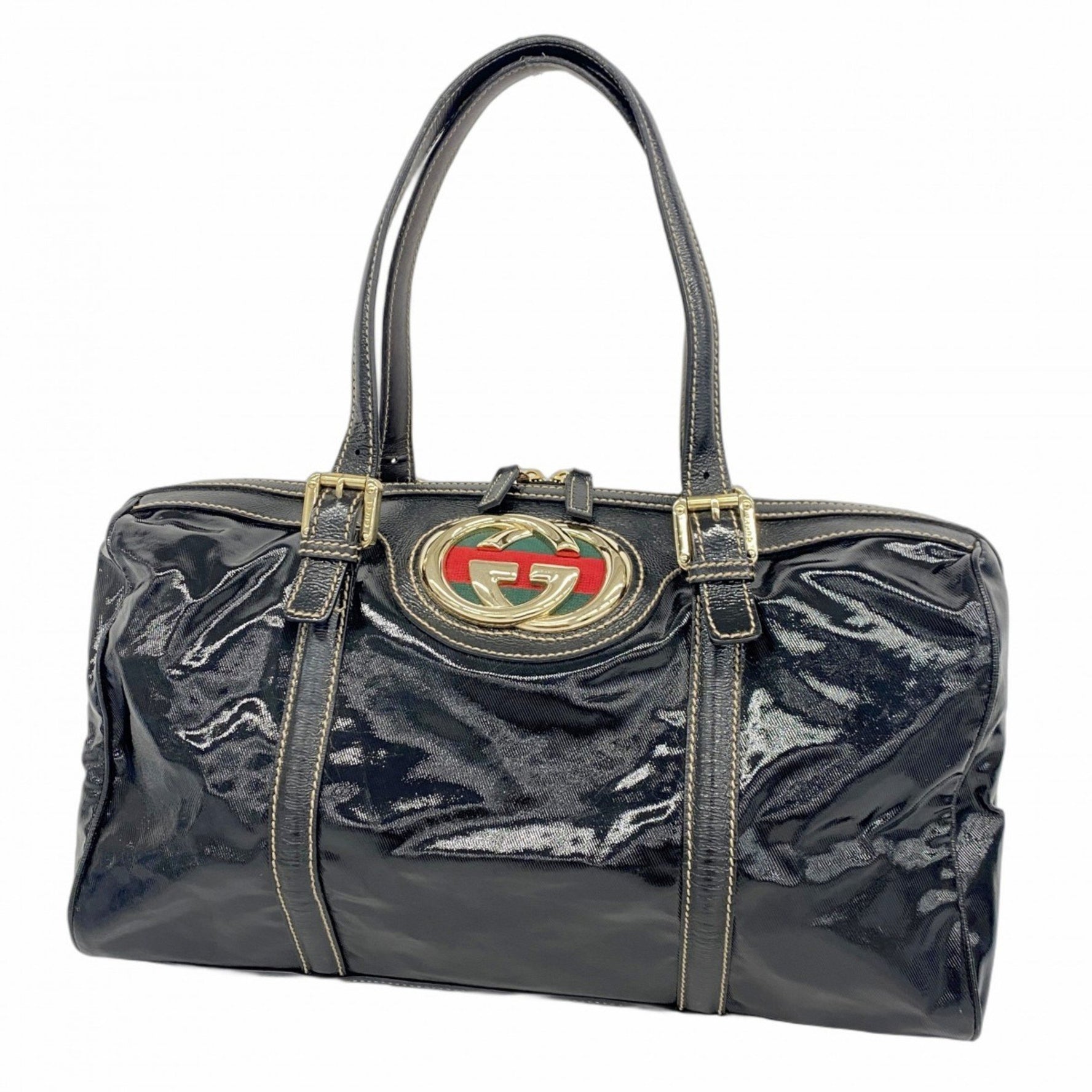 Gucci Interlocking G Handbag Leather Black Champagne Women's